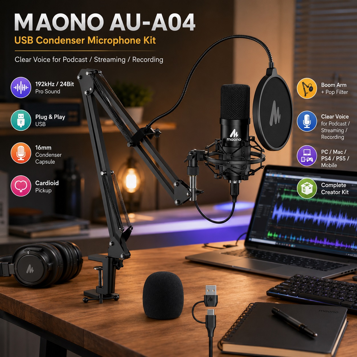 A product image for the MAONO AU-A04 USB Condenser Microphone Kit, shown fully assembled on a boom arm with a pop filter. Icons highlight the 192kHz/24Bit professional sound chip, cardioid pickup, complete creator kit contents, and compatibility with various devices.