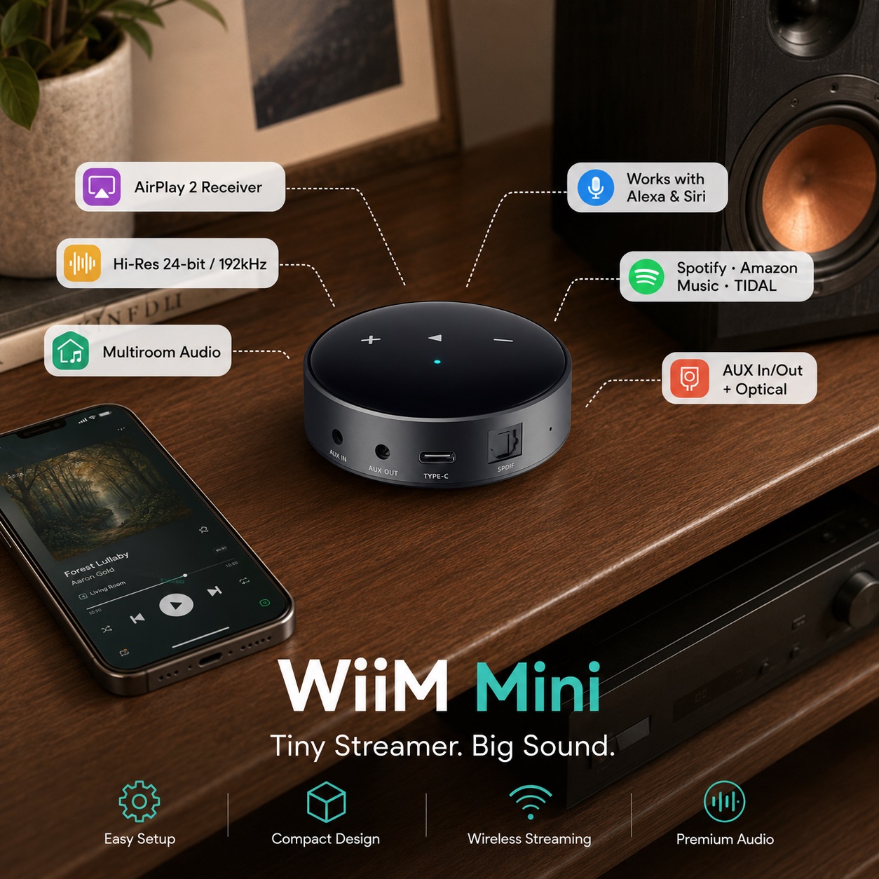 WiiM Mini compact audiostreamer features: AirPlay 2 Receiver, works with Alexa & Siri, Hi-Res 24-bit/192kHz, support for Spotify, Amazon Music, and TIDAL, multiroom audio, and AUX In/Out + Optical.