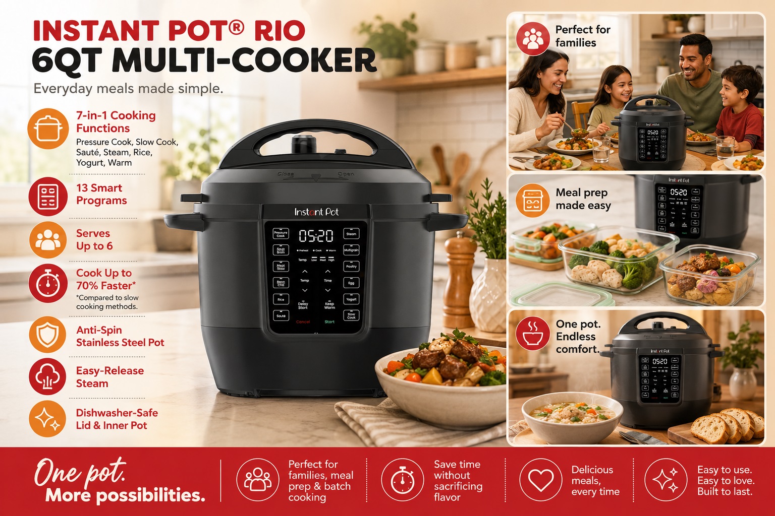Features overview of the Instant Pot RIO 6QT Multi-Cooker, showing a sleek black multi-cooker alongside lifestyle images of family dinners, meal prep containers, and delicious comfort food.