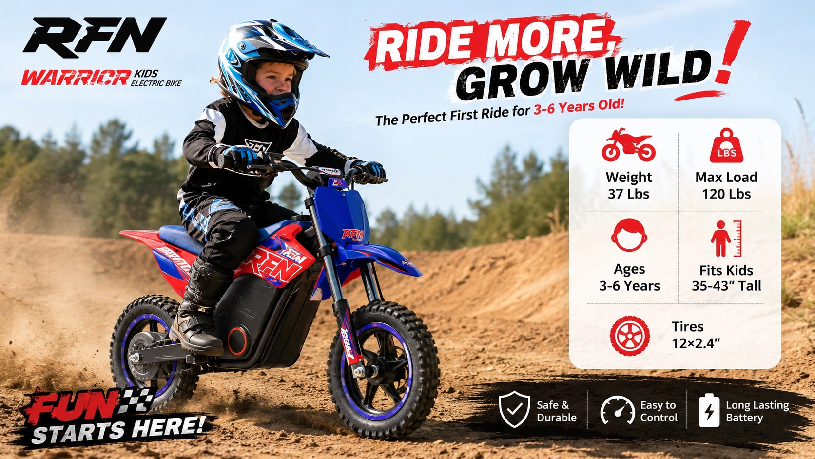 Action shot of a young child in motocross gear riding an RFN Warrior electric dirt bike on a dirt track, with text reading "Ride More, Grow Wild!" and key specifications like 37 lbs weight and 120 lbs max load.