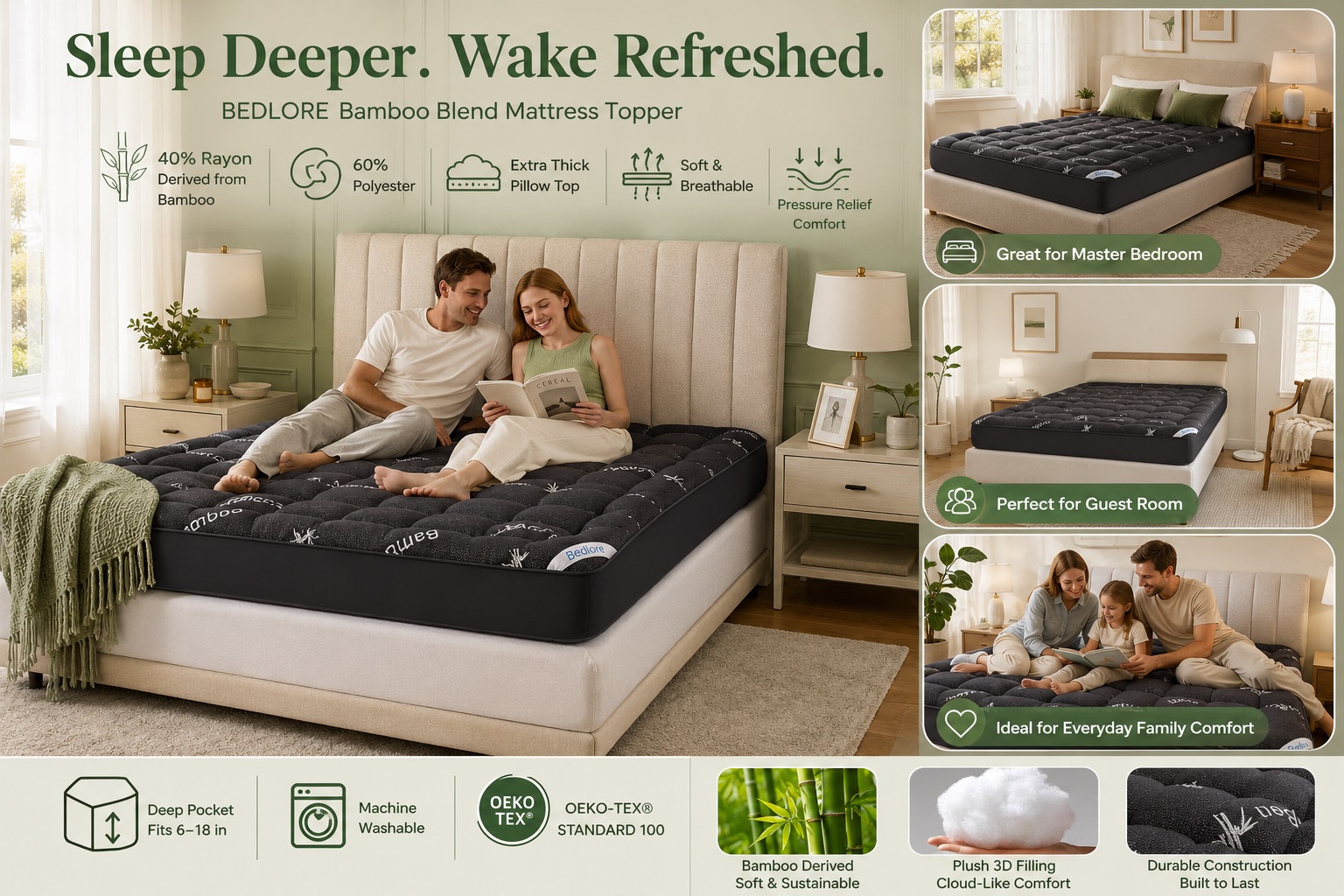 Infographic for BEDLORE Bamboo Blend Mattress Topper featuring a young couple reading a book in bed. Highlights the extra-thick pillow top, soft and breathable bamboo-derived fabric, and plush 3D filling, with inset images showing its versatility for master bedrooms and guest rooms.