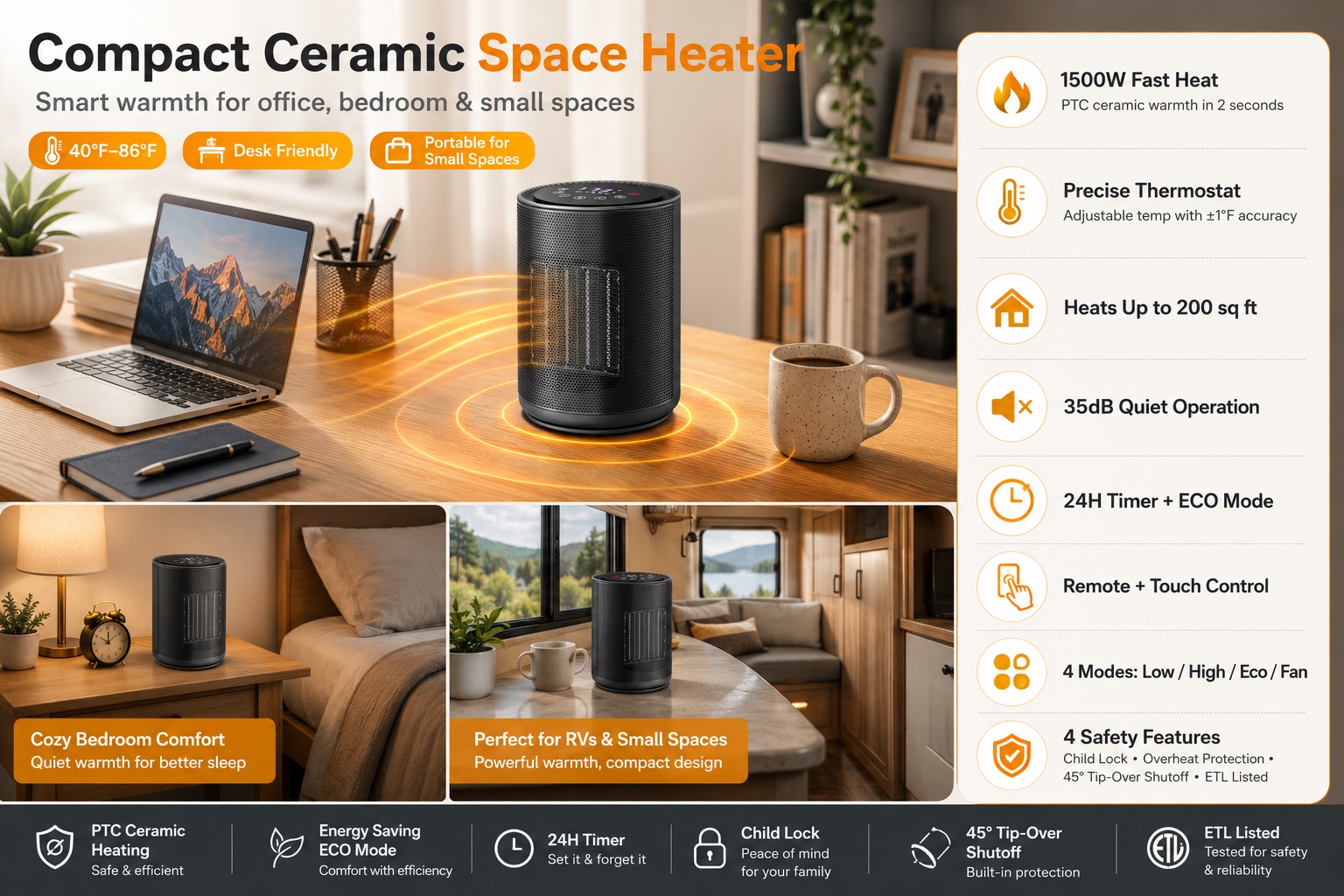 R.W.FLAME Compact Ceramic Space Heater infographic showing a 1500W PTC heater with precise thermostat and remote control. Highlights features: 35dB quiet operation, 24H timer, 4 modes, 45-degree tip-over shutoff, and ETL listed. Photos show use on a desk, in a cozy bedroom, and in an RV.