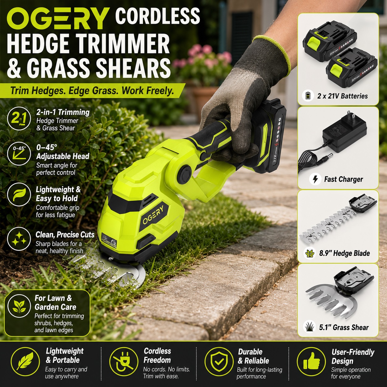 OGERY Cordless Hedge Trimmer & Grass Shears features infographic. Shows a person using the tool, with callouts for 2-in-1 function, adjustable head, lightweight design, clean cuts, and lawn/garden care use. Side panels list 2 batteries, charger, hedge blade, and grass shear.