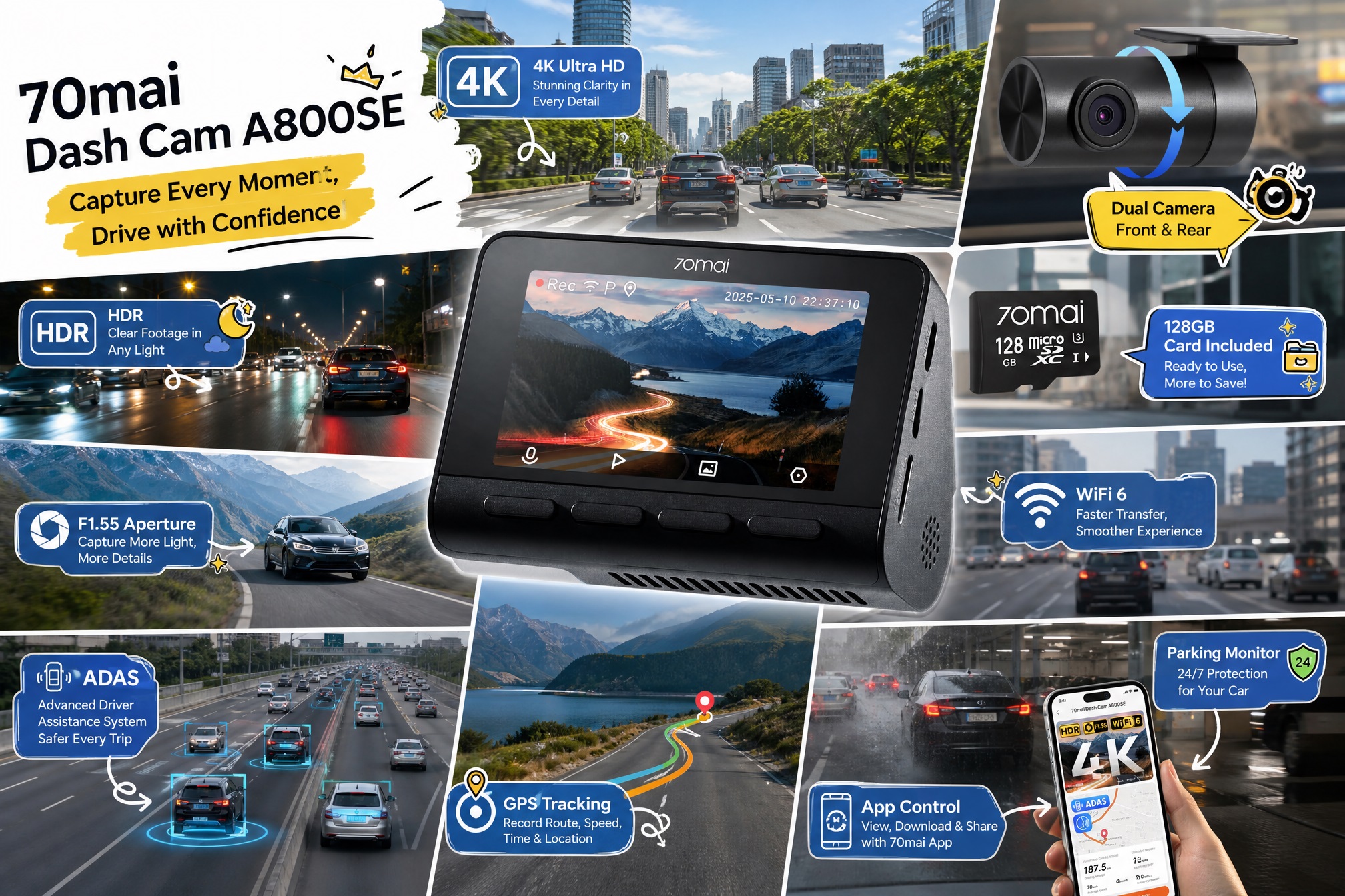 Infographic detailing the 70mai Dash Cam A800SE, illustrating its 4K Ultra HD dual camera setup, HDR support, F1.55 aperture, Wi-Fi 6 fast transfer, and smartphone app integration.
