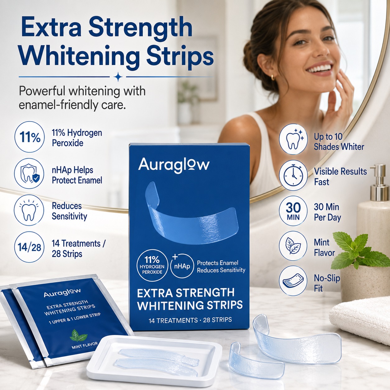 Auraglow Extra Strength Whitening Strips packaging, single pouches, and clear strips on a tray, with icons showing 11% Hydrogen Peroxide and Nano Hydroxyapatite (nHAp) enamel protection.