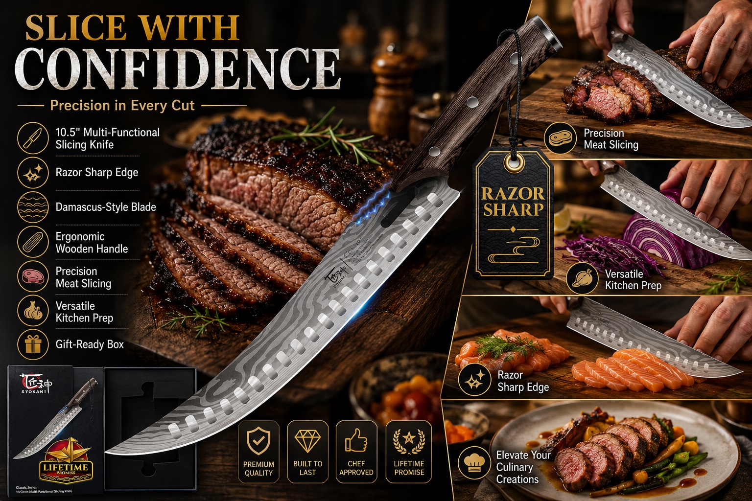 SYOKAMI 10.5-inch curved multi-functional slicing knife with a Damascus-style blade, demonstrating precision meat slicing and versatile kitchen prep.