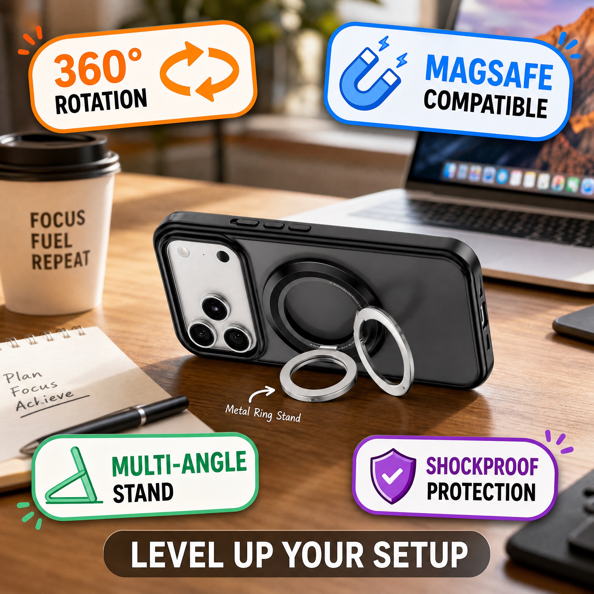 Syncwire MagSafe compatible double-ring phone grip and kickstand attached to a black iPhone case on a wooden desk. Text callouts highlight 360-degree rotation, multi-angle stand, and shockproof protection next to a laptop and coffee cup.