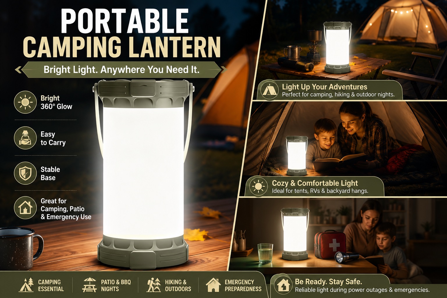 Glocusent Portable Camping Lantern with 360-degree warm glow, durable base, and handle for outdoors, tents, and power outages.