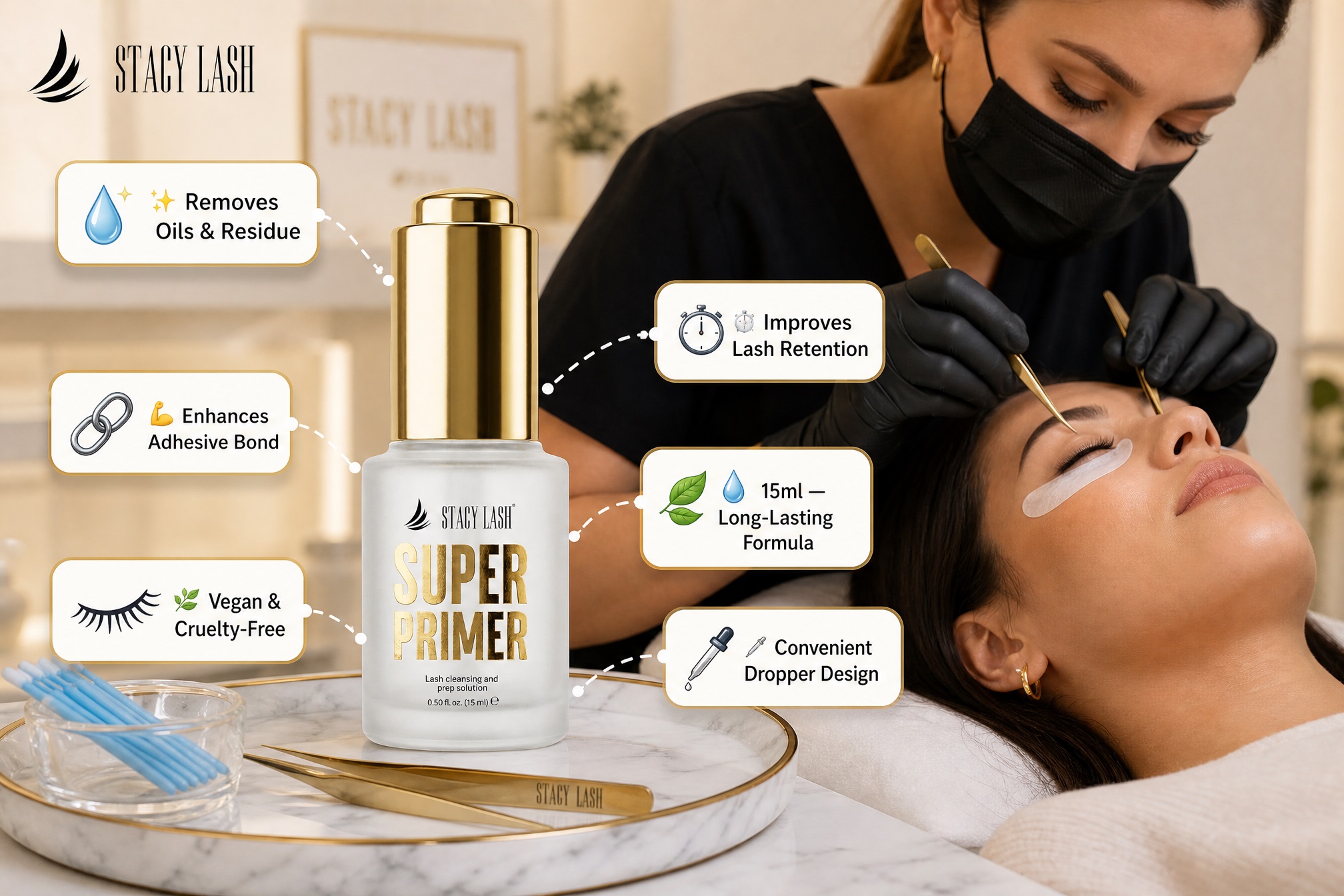 Stacy Lash Super Primer 15ml bottle with dropper design and gold accents next to a professional lash technician prepped for application, showcasing oil removal and retention-enhancing benefits.