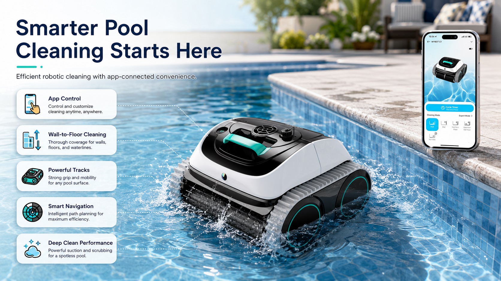 White and black WYBOT Robotic Pool Cleaner in water with a smartphone displaying its app control, highlighting smart navigation, deep cleaning, and wall-to-floor cleaning.