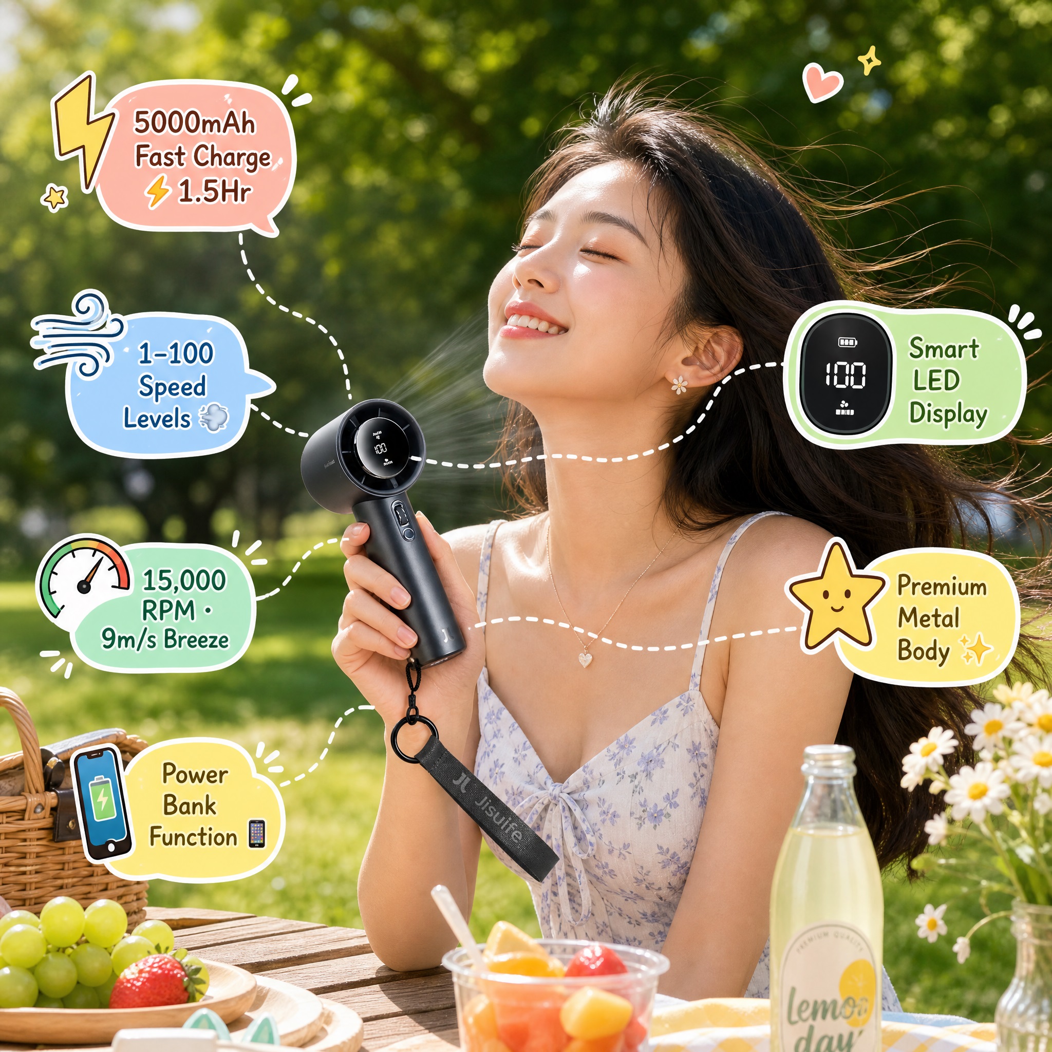A sunny summer image of a young woman at a picnic in a park, holding a black JISULIFE handheld turbo fan (Pro1S, Starry Grey) to her face, smiling with her eyes closed as her hair blows in the wind.