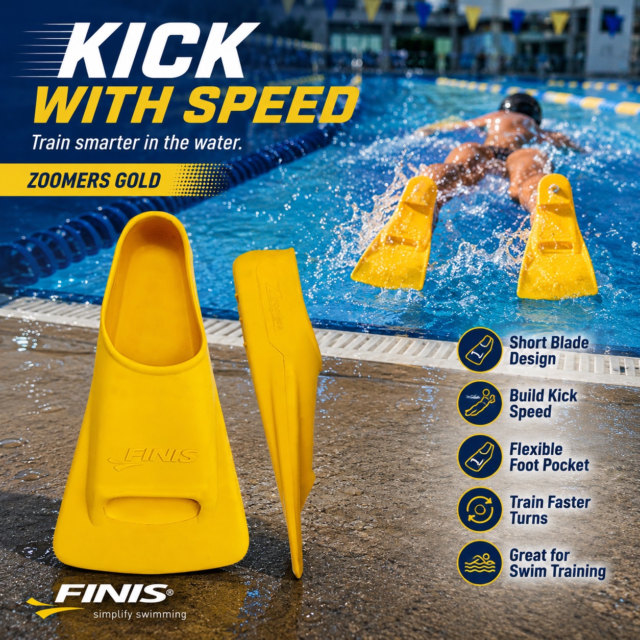 Pair of yellow FINIS Zoomers Gold swim training fins with short blade design on the pool edge, with a swimmer kicking in the background.