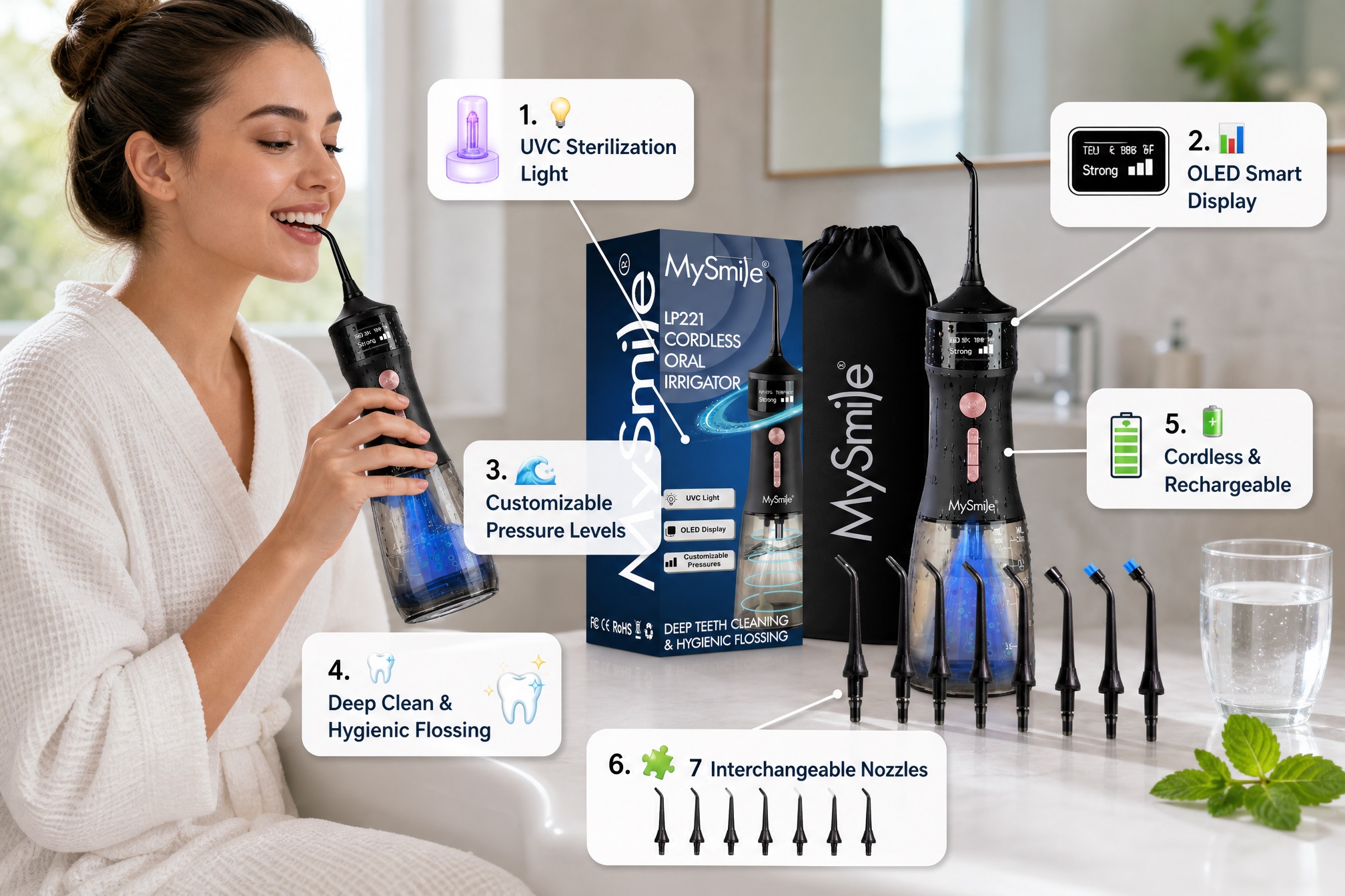 A smiling woman using the MySmile LP221 Cordless Oral Irrigator (water flosser) in a bright bathroom. The image is an infographic highlighting six key features: 1. UVC Sterilization Light, 2. OLED Smart Display, 3. Customizable Pressure Levels, 4. Deep Clean & Hygienic Flossing, 5. Cordless & Rechargeable, and 6. seven interchangeable nozzles. The product box and extra nozzles are also shown.