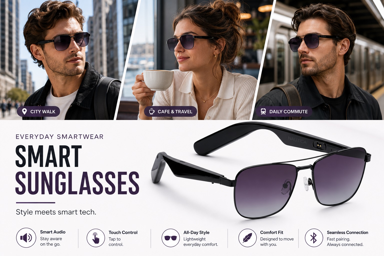 Product graphic for Classic Double-Bridge Smart Sunglasses with dark lenses and black frames. Top split-screen images show models during city walks, cafe visits, and daily commutes. Bottom highlights key benefits: Smart Audio, Touch Control, All-Day Style, Comfort Fit, and Seamless Connection.