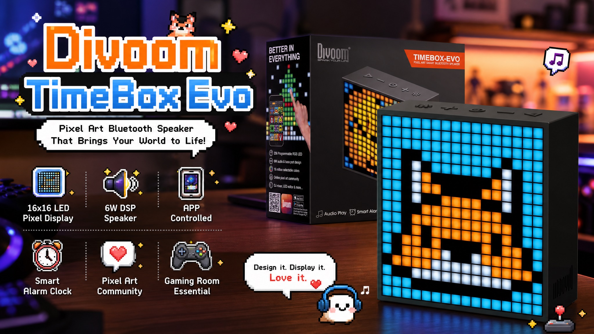 Divoom TimeBox-Evo pixel art smart Bluetooth speaker and its retail box, featuring a 16x16 LED display with a pixelated fox graphic on a desk setup.