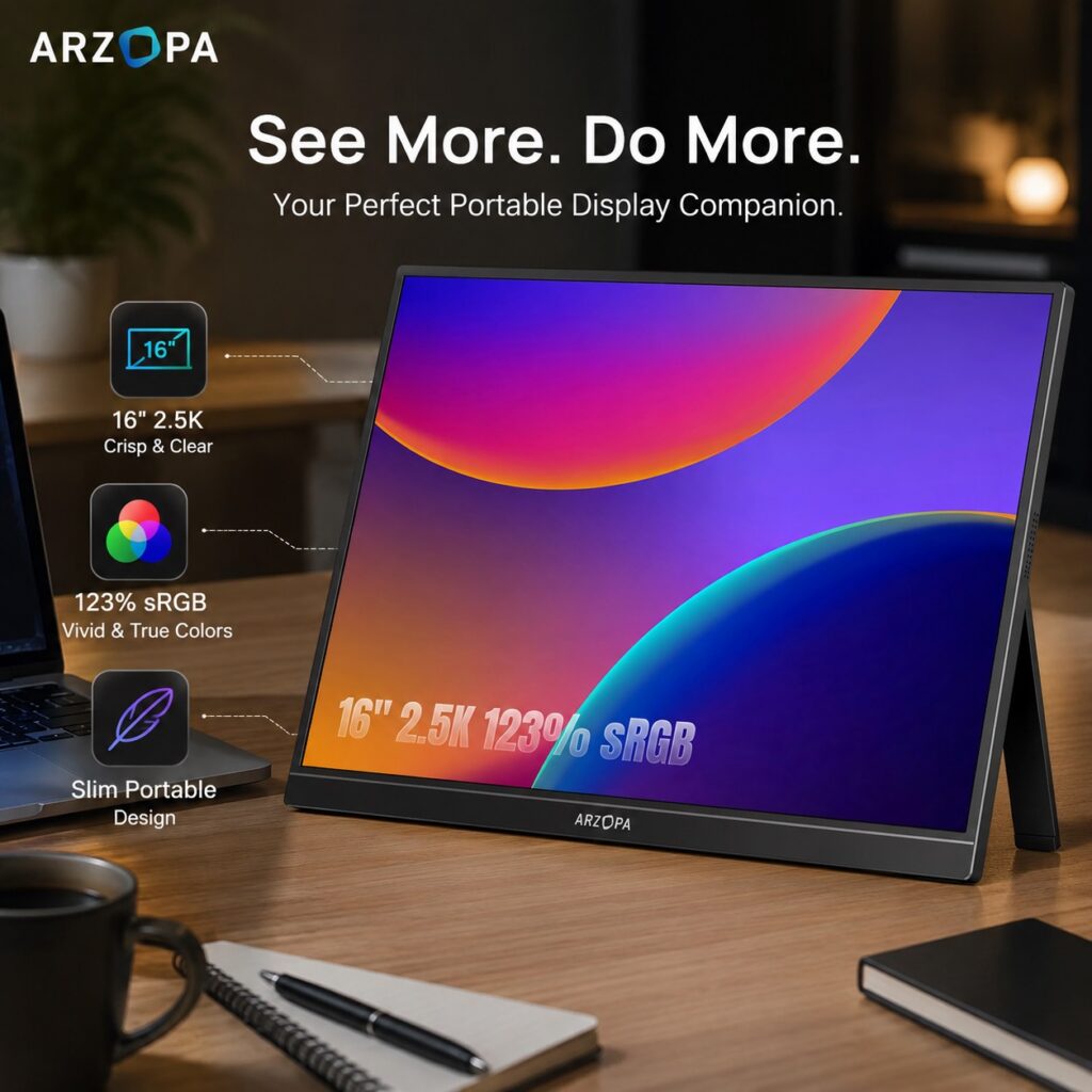 ARZOPA Z1RC 16" 2.5K portable monitor with a vertical kickstand on a modern desk, showing a purple and orange abstract wallpaper. Three grey text bubbles on the left define features: '16" 2.5K Crisp & Clear', '123% sRGB Vivid & True Colors', and 'Slim Portable Design'. A coffee mug, notebooks, and a laptop are partially visible.