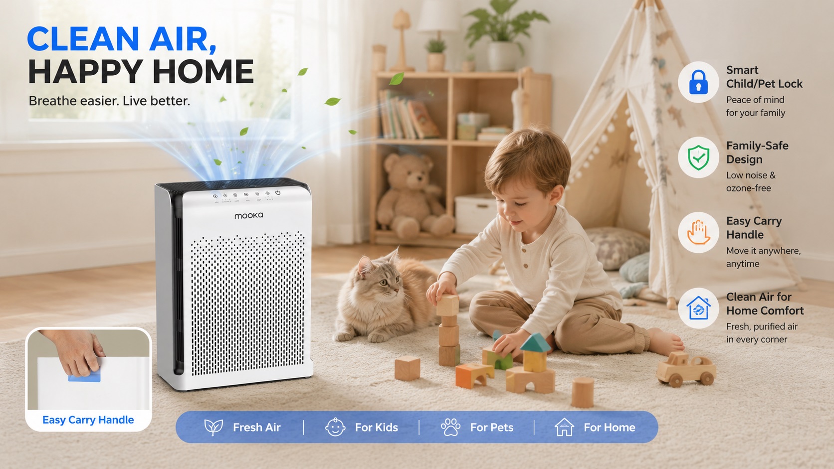 This image showcases a MOOKA air purifier providing clean air for a happy home.