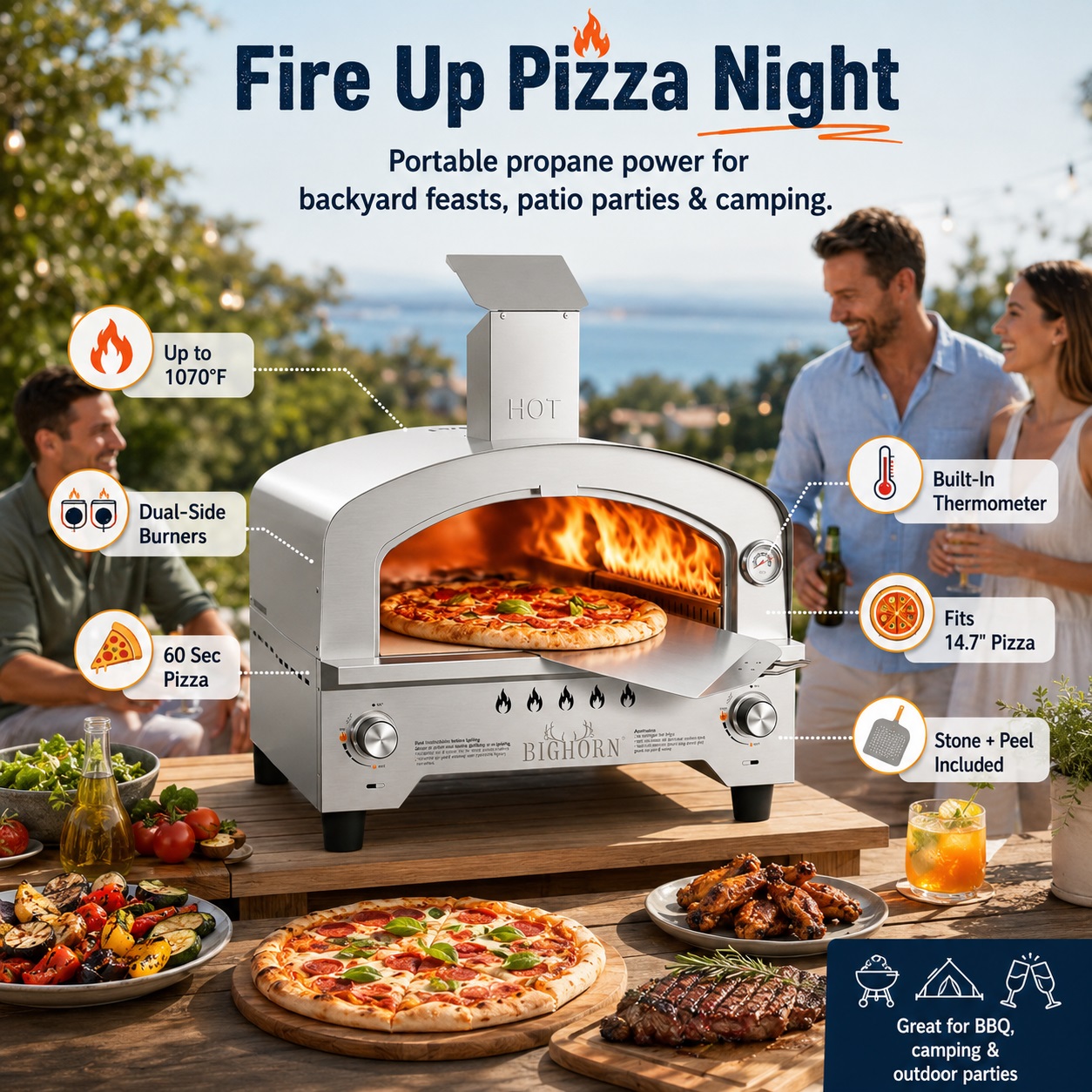 Big Horn Outdoors portable propane-powered party-ready gas pizza oven firing up a 14.7-inch pizza at an outdoor patio gathering, featuring dual-side burners and a built-in thermometer.