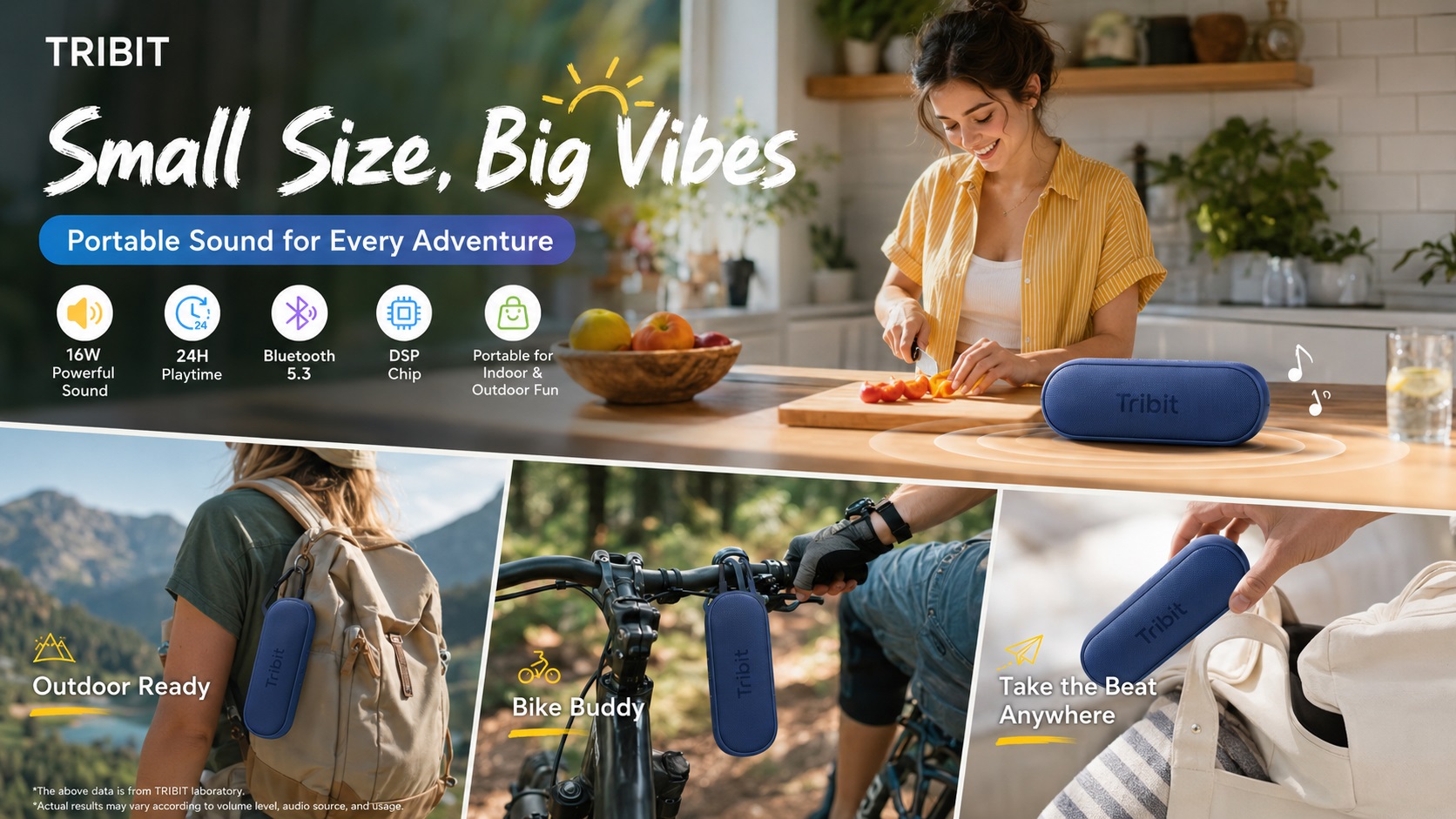 A promotional collage for a TRIBIT portable Bluetooth speaker, featuring a blue, cylindrical speaker. The main image shows a woman cutting vegetables in a kitchen, with the speaker on the counter. The titles "Small Size, Big Vibes" and "Portable Sound for Every Adventure" are at the top. Three smaller scenes at the bottom show: a woman hiking with the speaker clipped to her backpack (Outdoor Ready), the speaker clipped to a bicycle handlebar (Bike Buddy), and a hand placing the speaker into a tote bag (Take the Beat Anywhere).