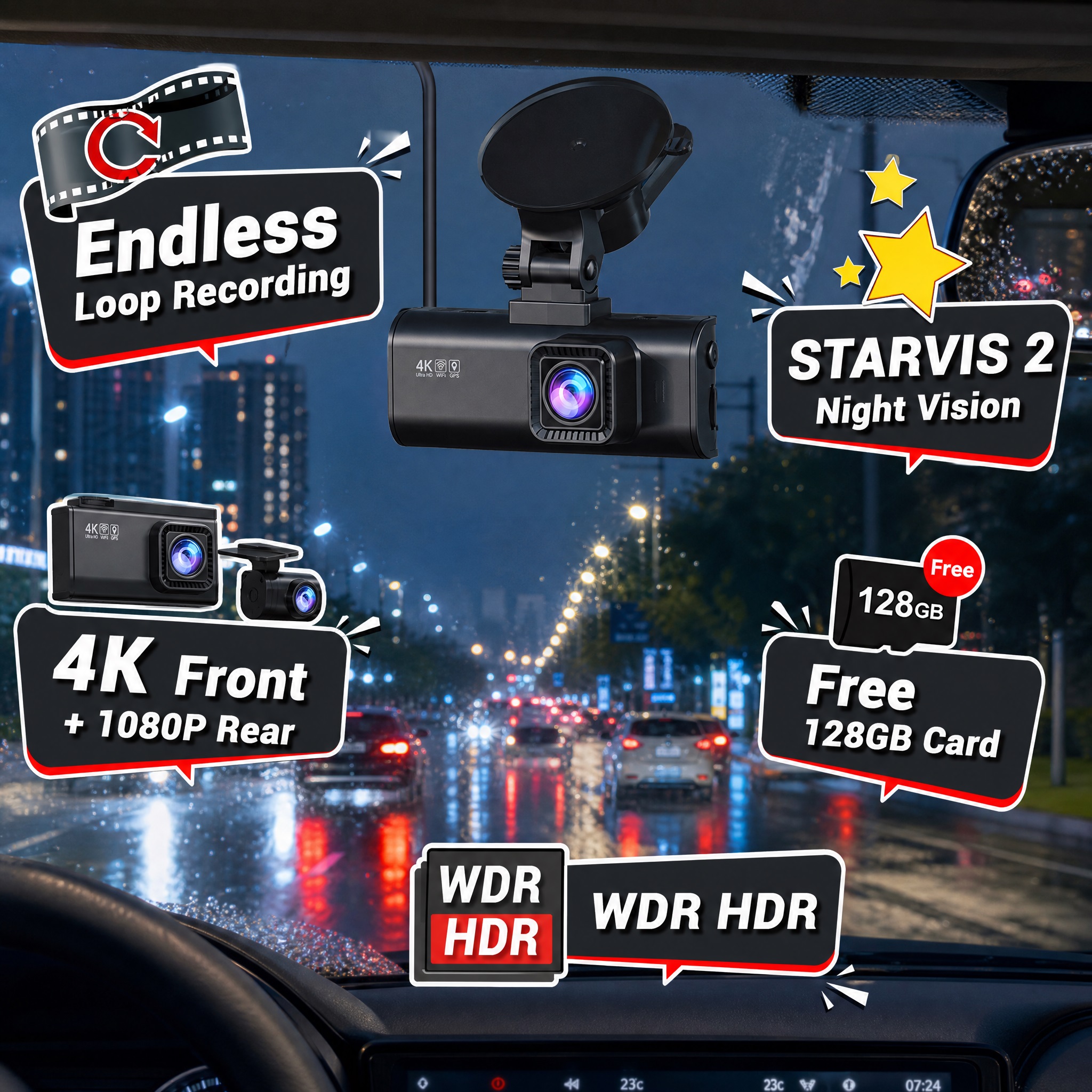 REDTIGER 4K Front and 1080P Rear Dash Camera showcasing Endless Loop Recording, STARVIS 2 Night Vision, WDR/HDR support, and a Free 128GB memory card against a rainy night city backdrop.