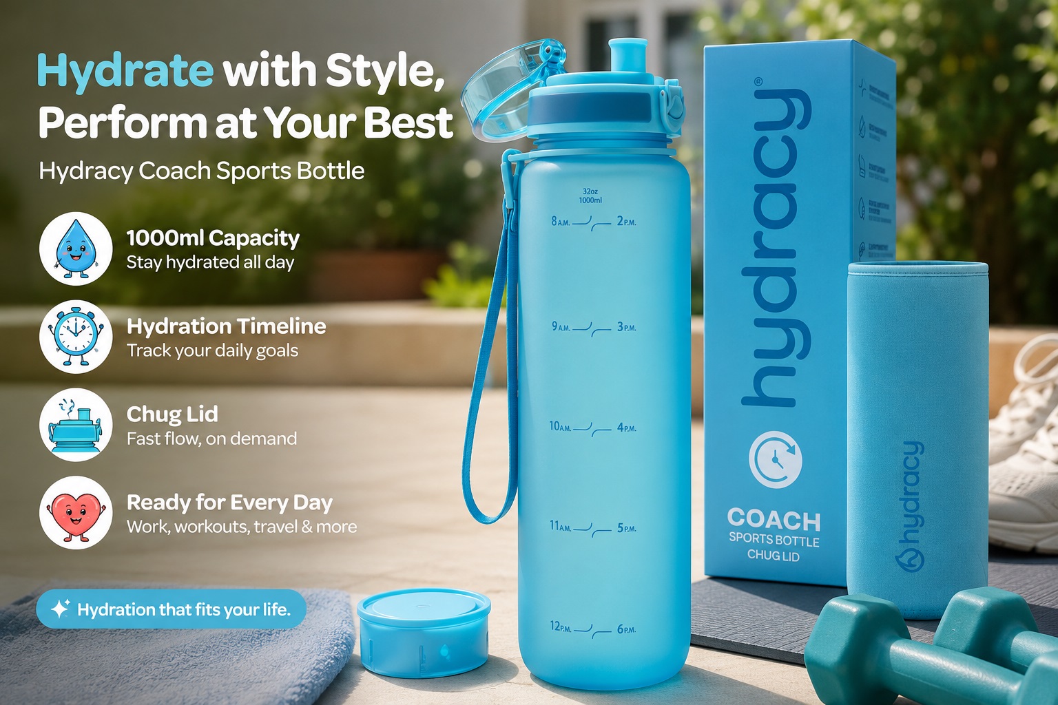 An outdoor promotional image for the blue Hydracy Coach Sports Bottle, set next to a yoga mat, towel, and dumbbells. The image features the 1000ml (32oz) blue frosted bottle with time markers, along with a matching blue protective sleeve and packaging box. Icons and text on the left list four product features: 1000ml Capacity, Hydration Timeline, Chug Lid, and Ready for Every Day (work, workouts, travel, etc.). A banner at the bottom reads "Hydration that fits your life."