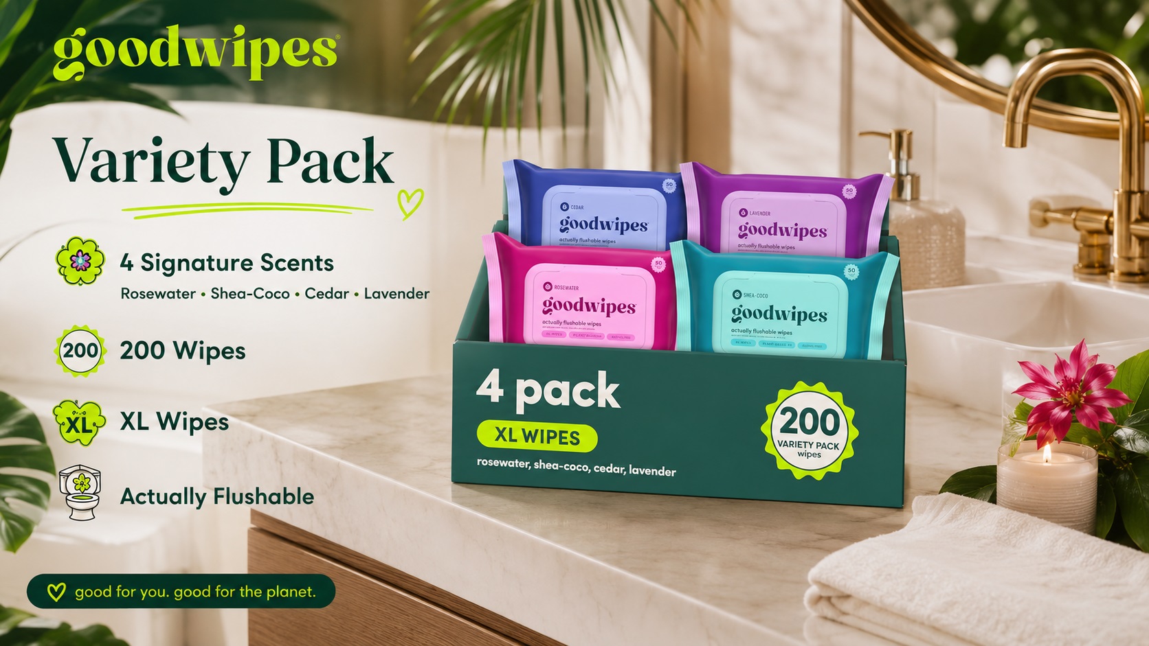 Goodwipes Flushable Wipes Variety Pack featuring 4 signature scents: Rosewater, Shea-Coco, Cedar, and Lavender, totaling 200 XL wipes. Displayed in a green box on a wooden counter next to a lit candle.