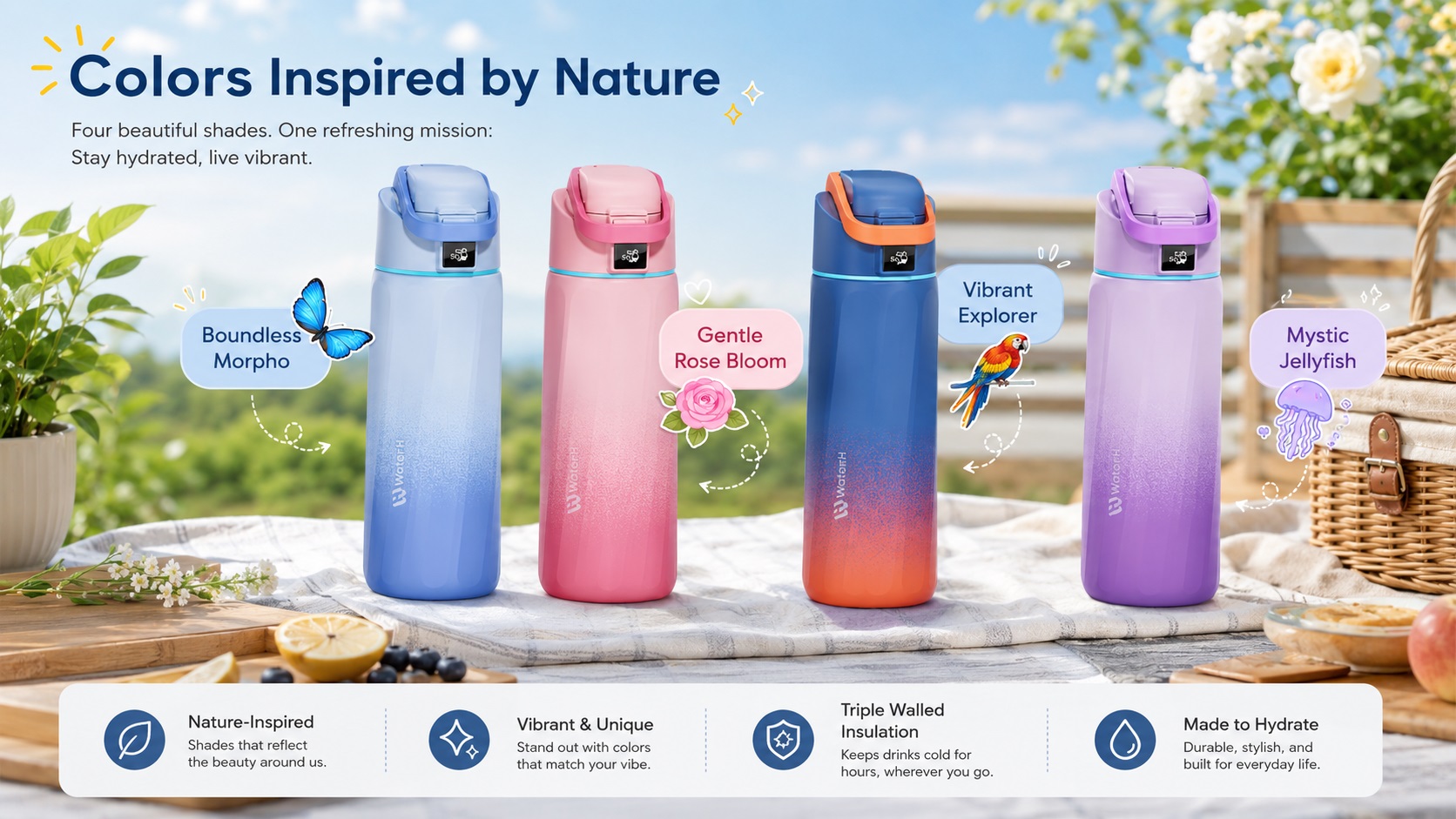 Four nature-inspired color variants of WaterH smart bottles displayed outdoors on a picnic blanket: Boundless Morpho blue, Gentle Rose Bloom pink, Vibrant Explorer blue-orange gradient, and Mystic Jellyfish purple.