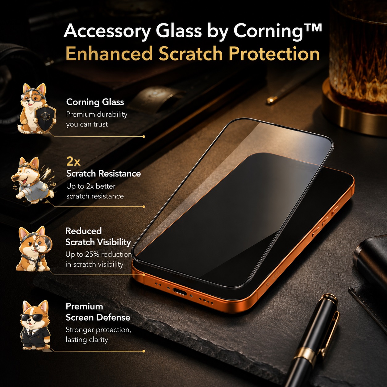 An advertisement image titled "Accessory Glass by Corning™ Enhanced Scratch Protection" displays a single glass screen protector hovering directly above an orange-colored iPhone on a dark grey stone desk. The screen has an impressive scratch-resistant, durable, and highly transparent appearance.