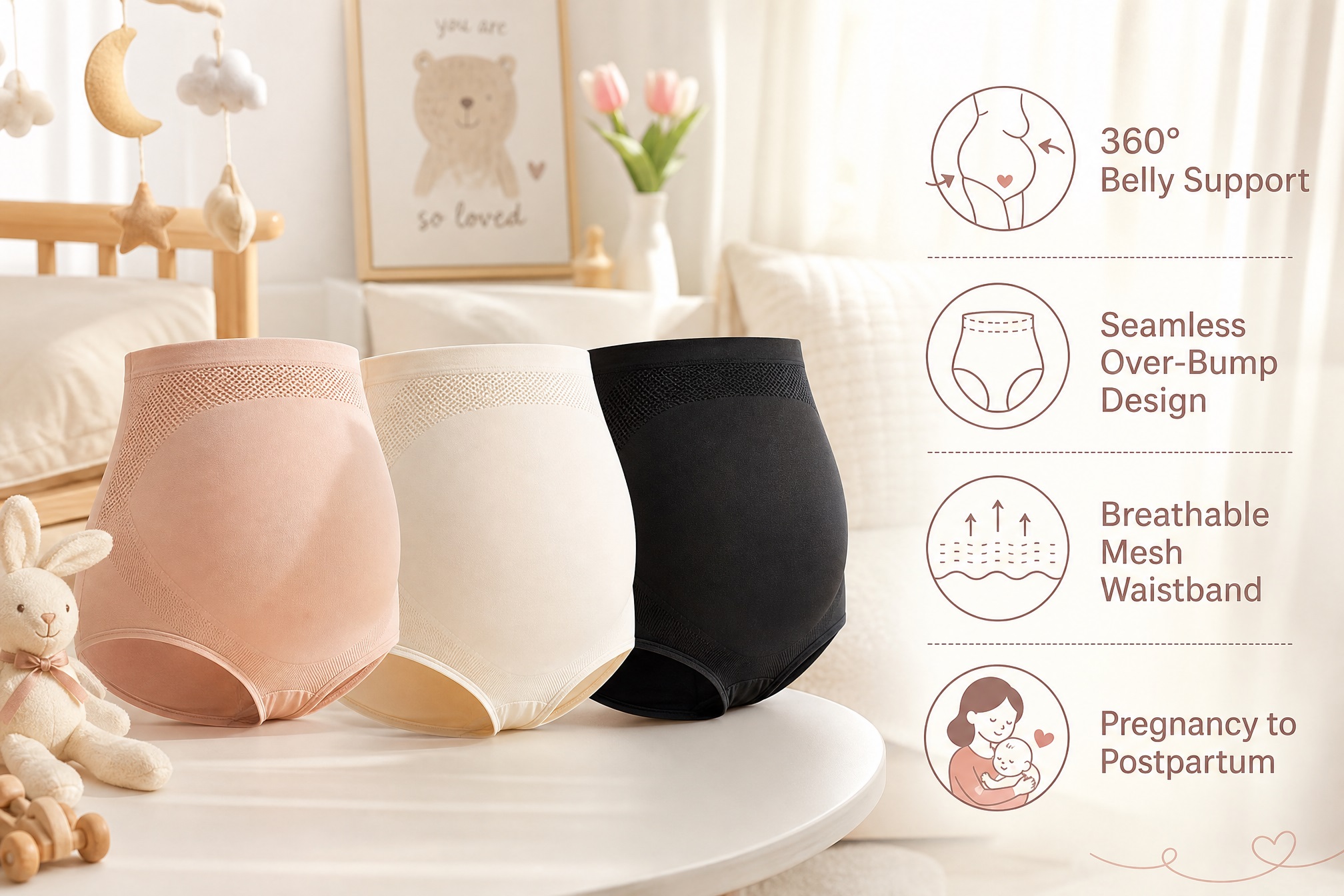 Three high-waist seamless maternity panties in pink, beige, and black displayed in a nursery, featuring 360° Belly Support, Seamless Over-Bump Design, Breathable Mesh Waistband, and Pregnancy to Postpartum versatility.