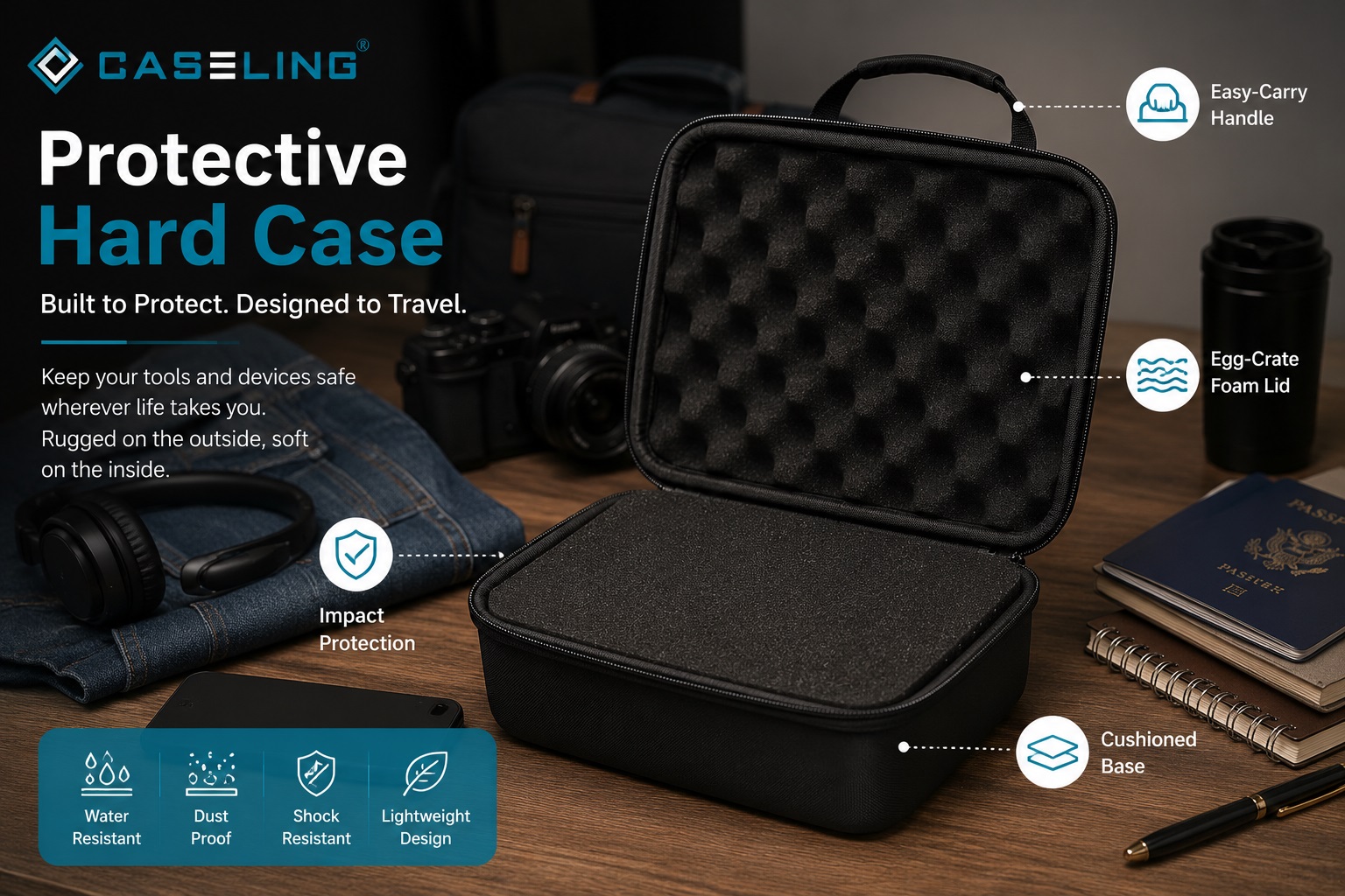 CASELING protective hard case with egg-crate foam lid and cushioned base for shock resistance, sitting open on a wooden table with headphones and camera gear nearby.
