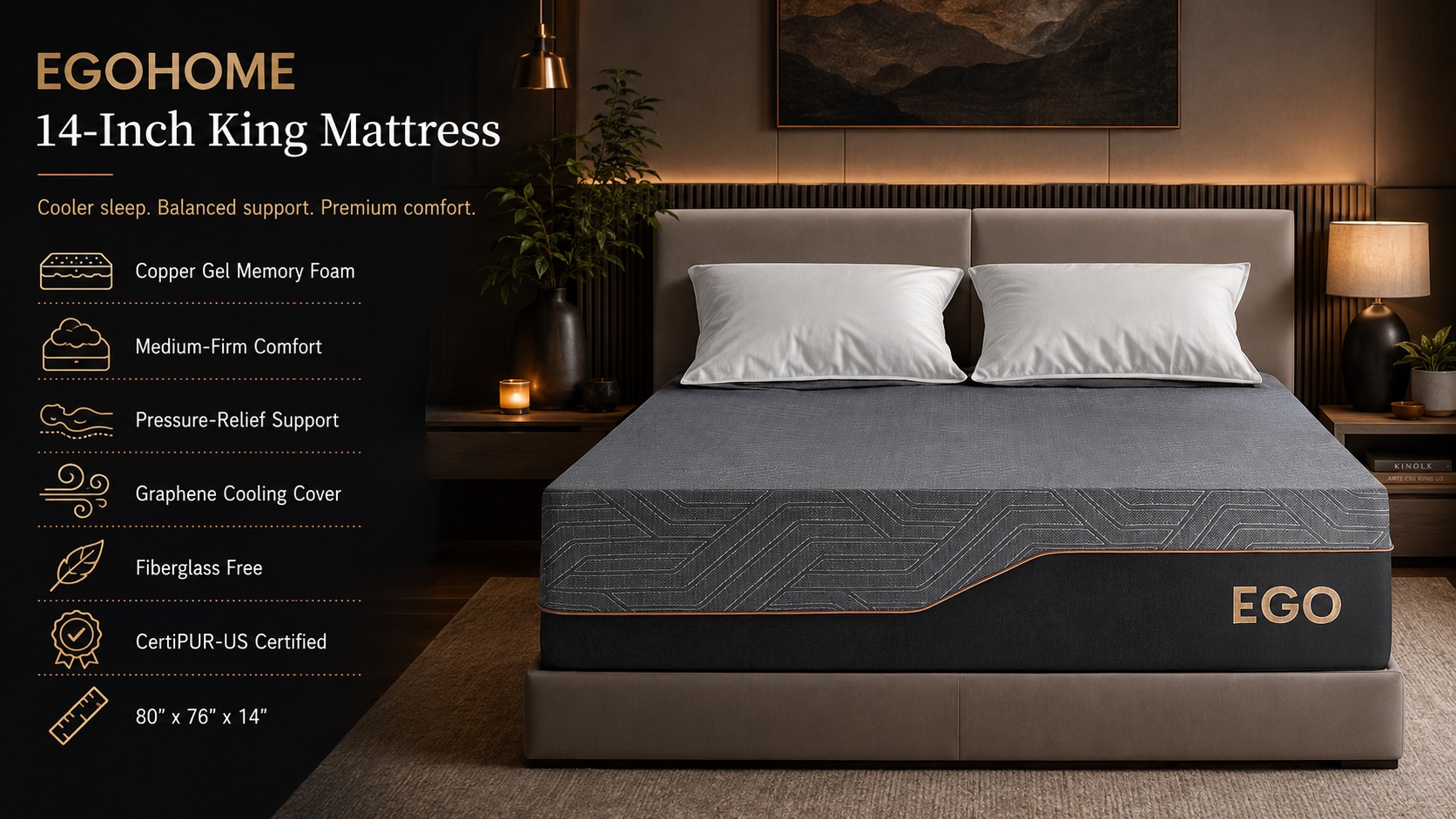 Luxury dark-themed bedroom showcase for EGOHOME 14-Inch King mattress with prominent gold EGO branding, highlighting copper gel memory foam, graphene cooling cover, pressure-relief support, and fiberglass-free features.