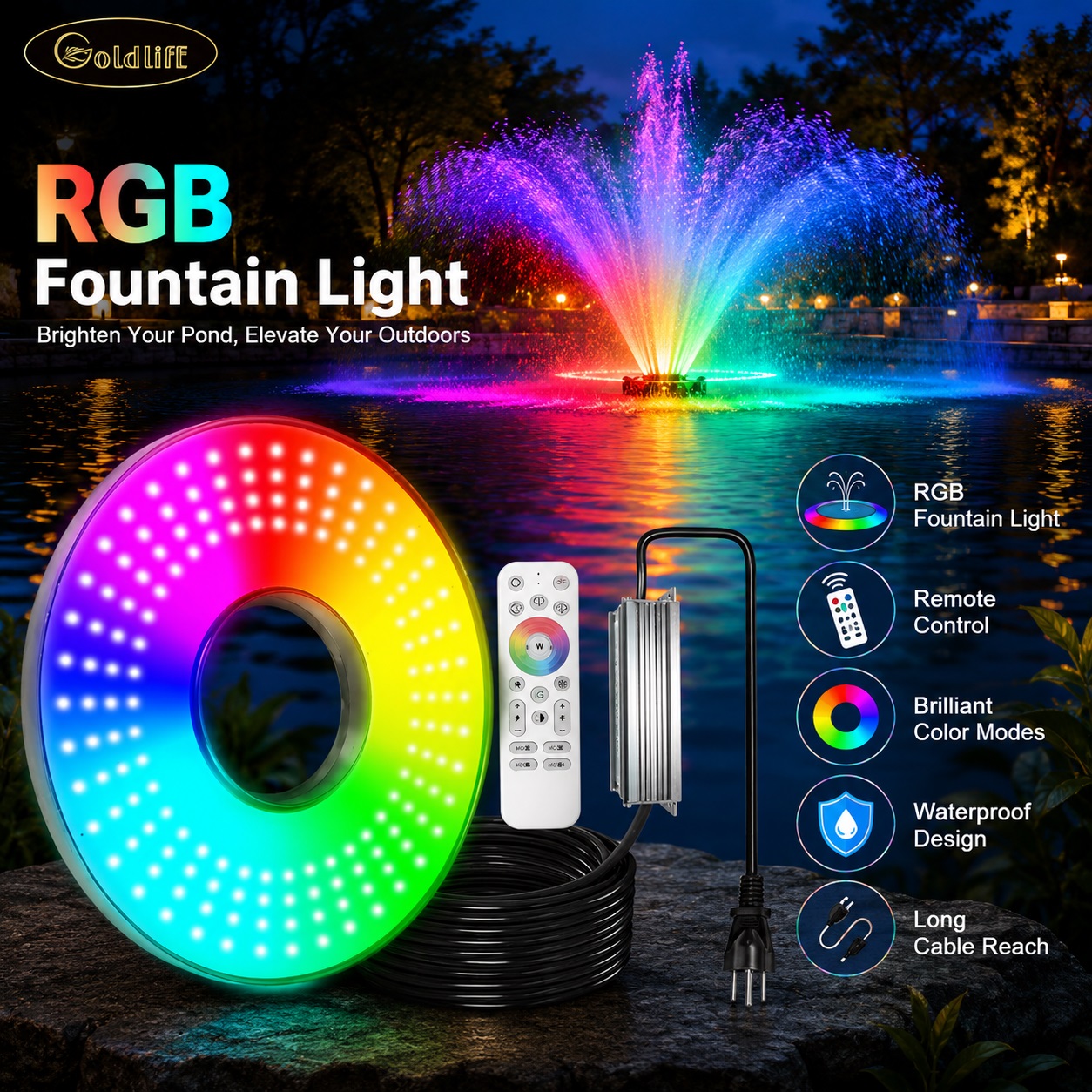 Goldlife ring-shaped RGB LED fountain light displaying a vibrant gradient color wheel, presented with a remote control, power box, and heavy-duty cord next to a brightly lit rainbow pond fountain at night.