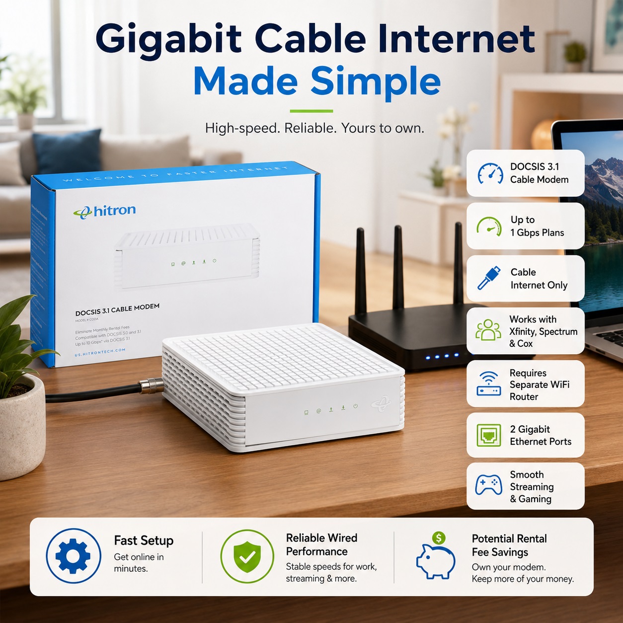 A white Hitron CODA DOCSIS 3.1 cable modem placed on a wooden table next to its blue and white retail packaging box, highlighting up to 1 Gbps speed, dual gigabit Ethernet ports, and rental fee savings.