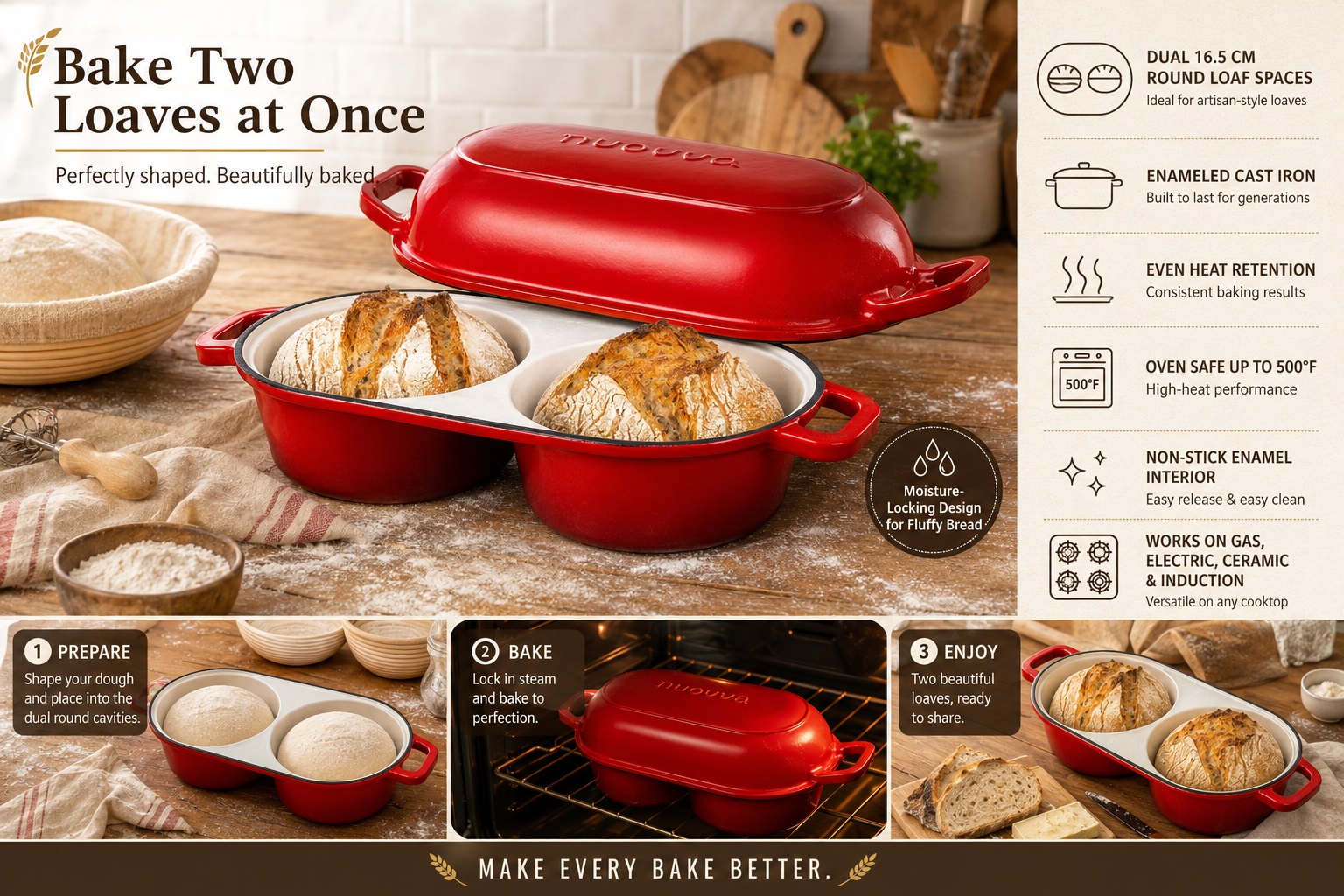 A red enameled cast iron loaf pan designed to bake two round loaves simultaneously. The top lid is partially lifted to reveal the freshly baked, artisan-style bread. An infographic layout illustrates the preparation, baking, and serving steps, alongside product features.