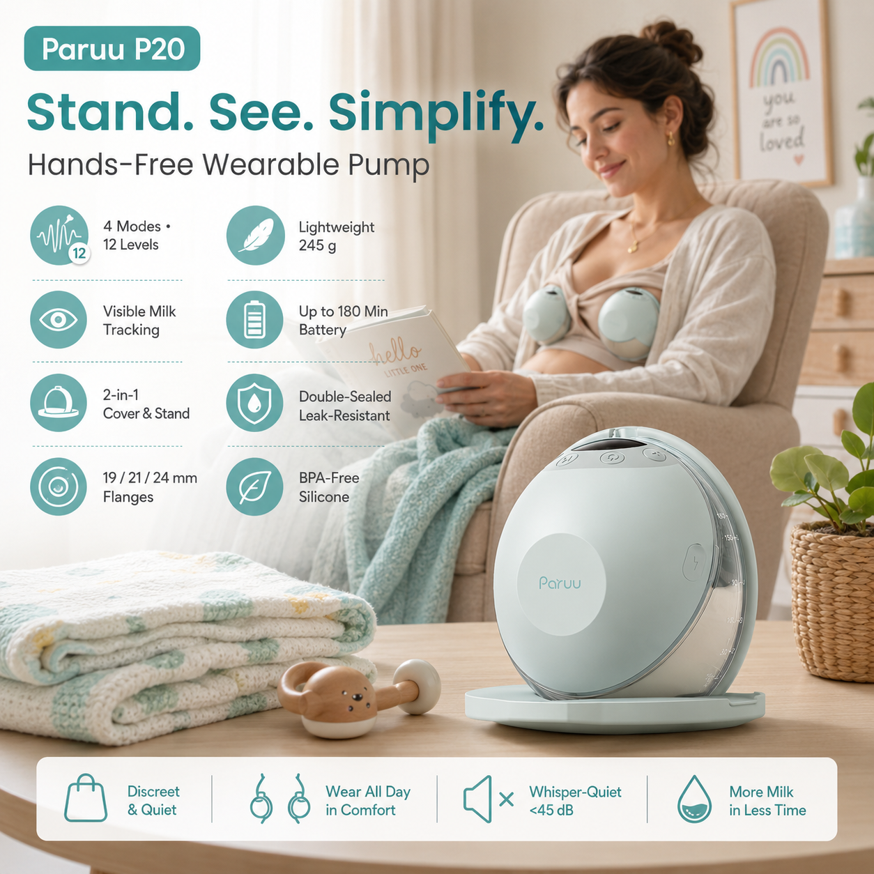 An infographic for Paruu P20 hands-free wearable breast pump showing a mother reading with the pump, and a closeup of the light green pump on its stand, with callouts for visible milk tracking, 180-min battery, double-sealed leak resistance, and whisper-quiet operation (<45 dB).