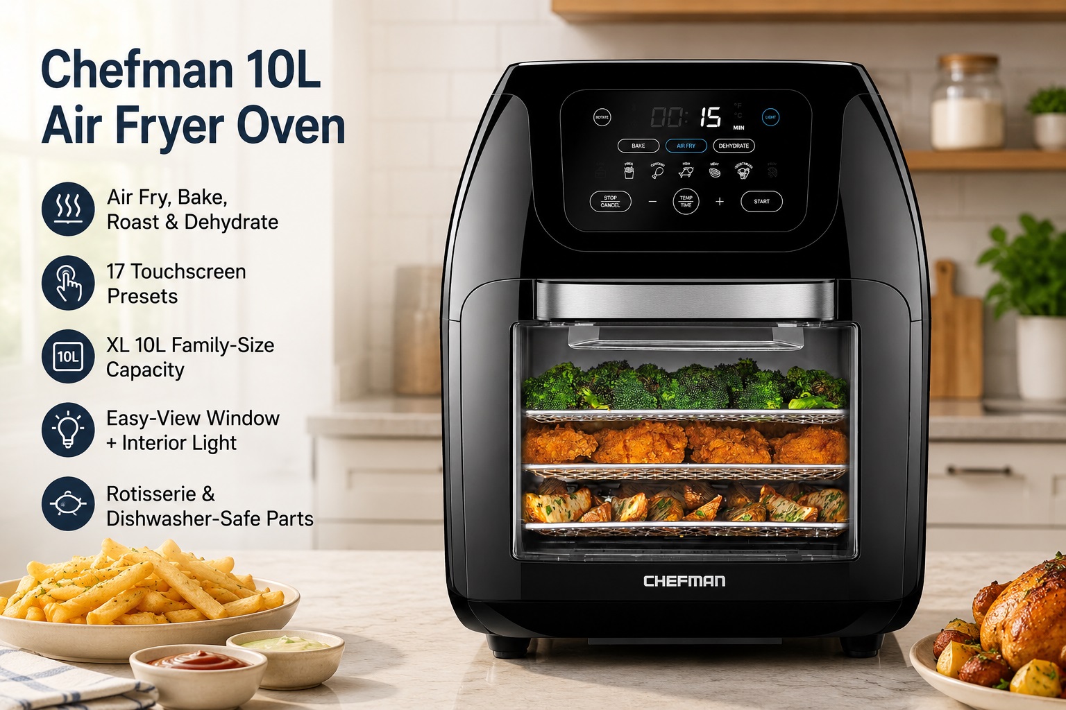 A Chefman 10L Air Fryer Oven with a large viewing window displaying three racks filled with broccoli, chicken wings, and potato wedges. The touchscreen control panel shows a cooking time of 15 minutes, highlighting capabilities like air frying, baking, roasting, dehydrating, and 17 touchscreen presets.