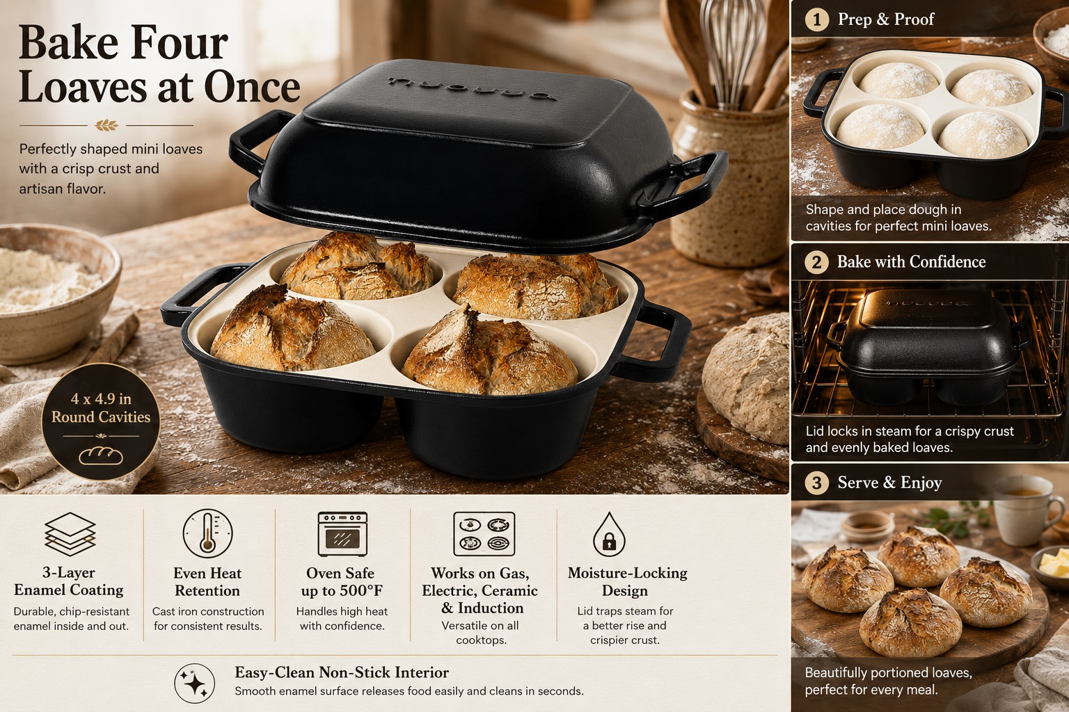 A black enameled cast iron baking dish with a raised lid, designed to bake four mini loaves simultaneously. The infographic includes steps showing the dough in the cavities, the pot in the oven, and the final individual loaves on a serving board. Product benefits are listed below.