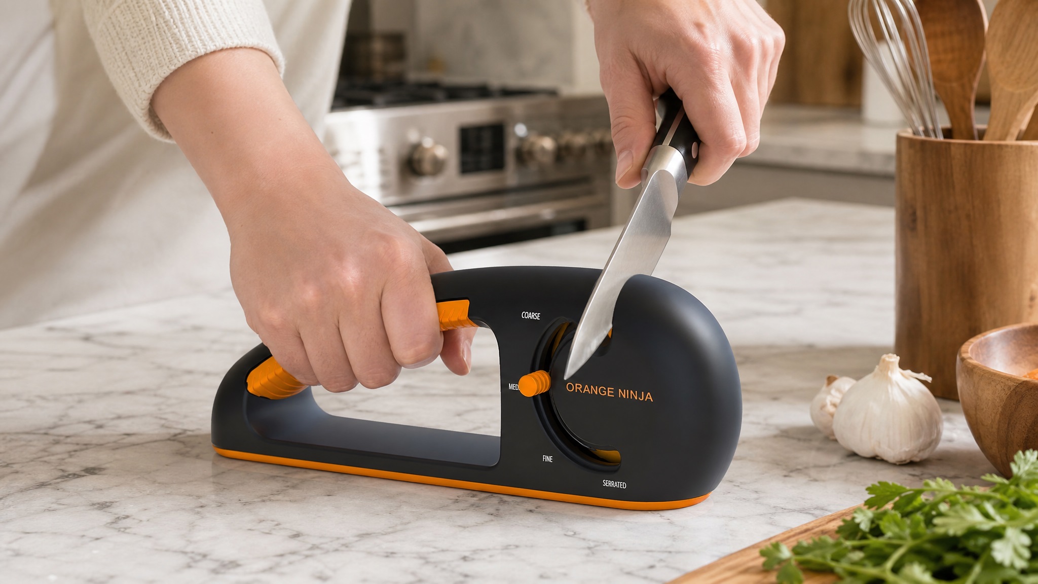 A photograph in a kitchen setting of a person using an 'Orange Ninja' pull-through knife sharpener with an orange and black handle, running a chef's knife through its slot. The background shows a kitchen counter with garlic and parsley.