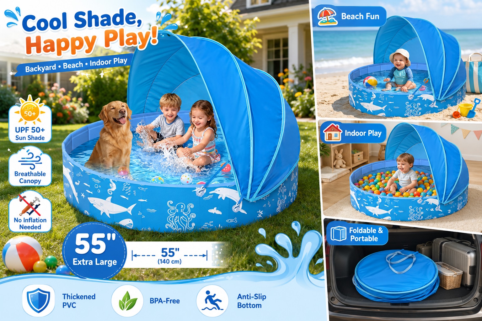 A 55-inch ocean-themed baby splash pool with a blue UPF 50+ sun shade canopy tent on a lawn, containing two kids and a dog. Side images show its versatile use for beach fun, indoor ocean ball pit, and being folded compactly in a car trunk.