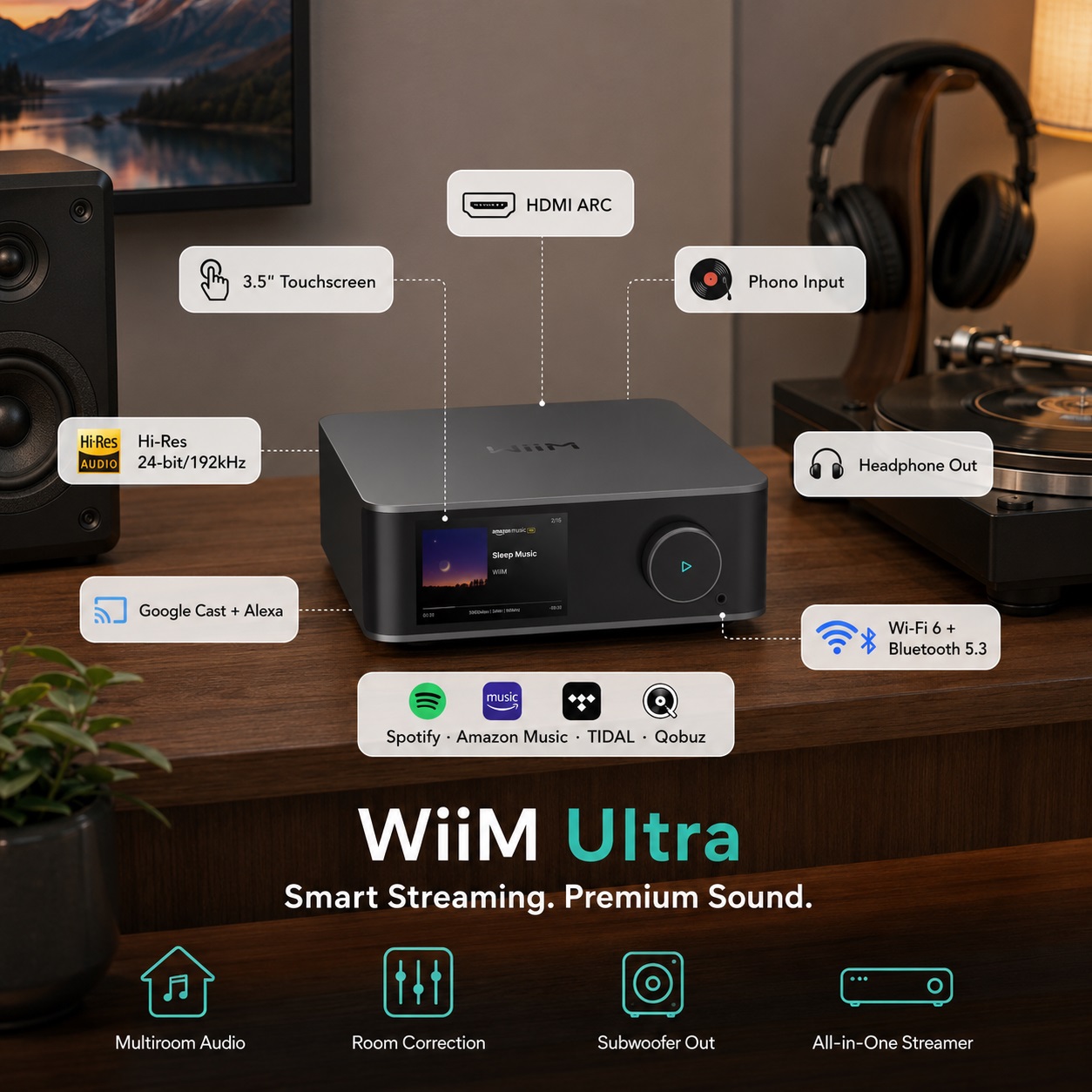 WiiM Ultra smart streaming preamplifier features: 3.5" touchscreen, HDMI ARC, phono input, Hi-Res 24-bit/192kHz, headphone output, Google Cast + Alexa, Wi-Fi 6 + Bluetooth 5.3, and support for Spotify, Amazon Music, TIDAL, and Qobuz.
