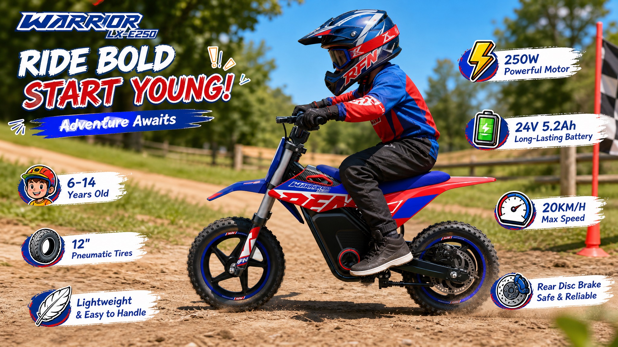A young boy wearing a helmet riding the RFN Warrior LX-E250 electric dirt bike on a dirt trail, highlighting a 250W powerful motor, 24V battery, 20km/h max speed, and rear disc brake for kids aged 6-14.