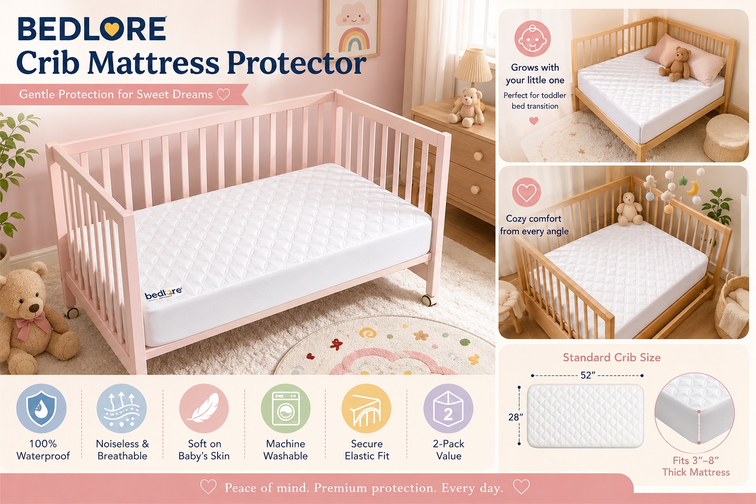Product layout for BEDLORE Crib Mattress Protector showing a white quilted waterproof cover fitted on a light pink wooden baby crib. Features icons emphasizing 100% waterproof protection, a noiseless design that is soft on baby's skin, and a secure elastic fit.