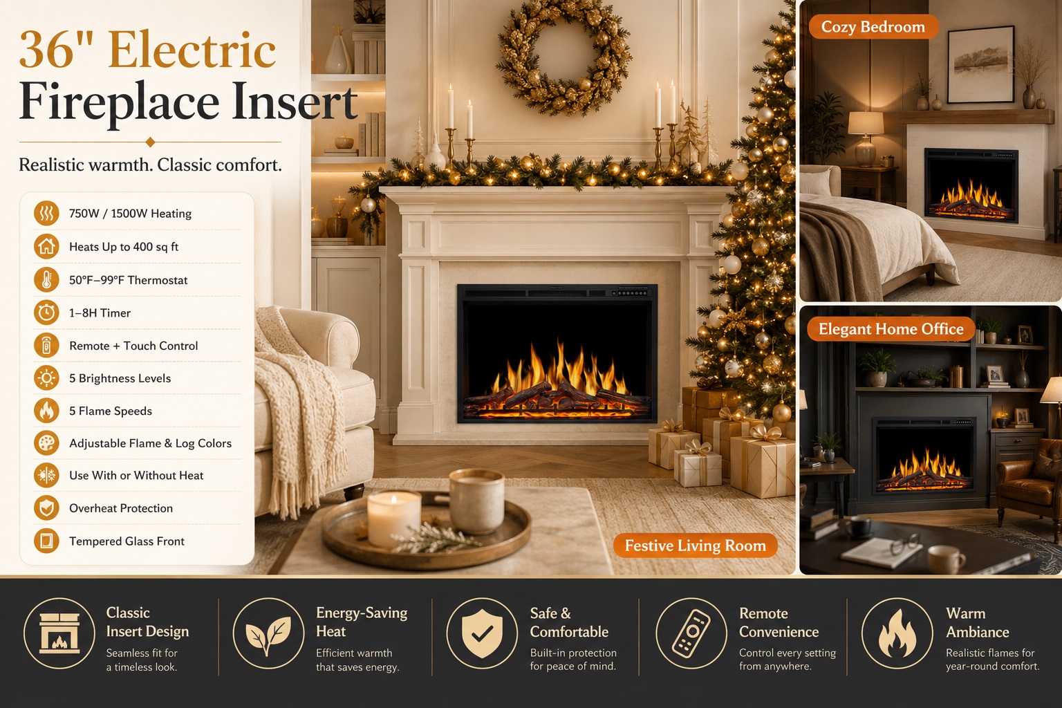 Infographic for R.W.FLAME 36" Electric Fireplace Insert with realistic log flames and 1500W heating. Features a 1-8H timer, 5 brightness levels, 5 flame speeds, and overheating protection. Shows comparison photos for use in a festive living room, cozy bedroom, and elegant home office.