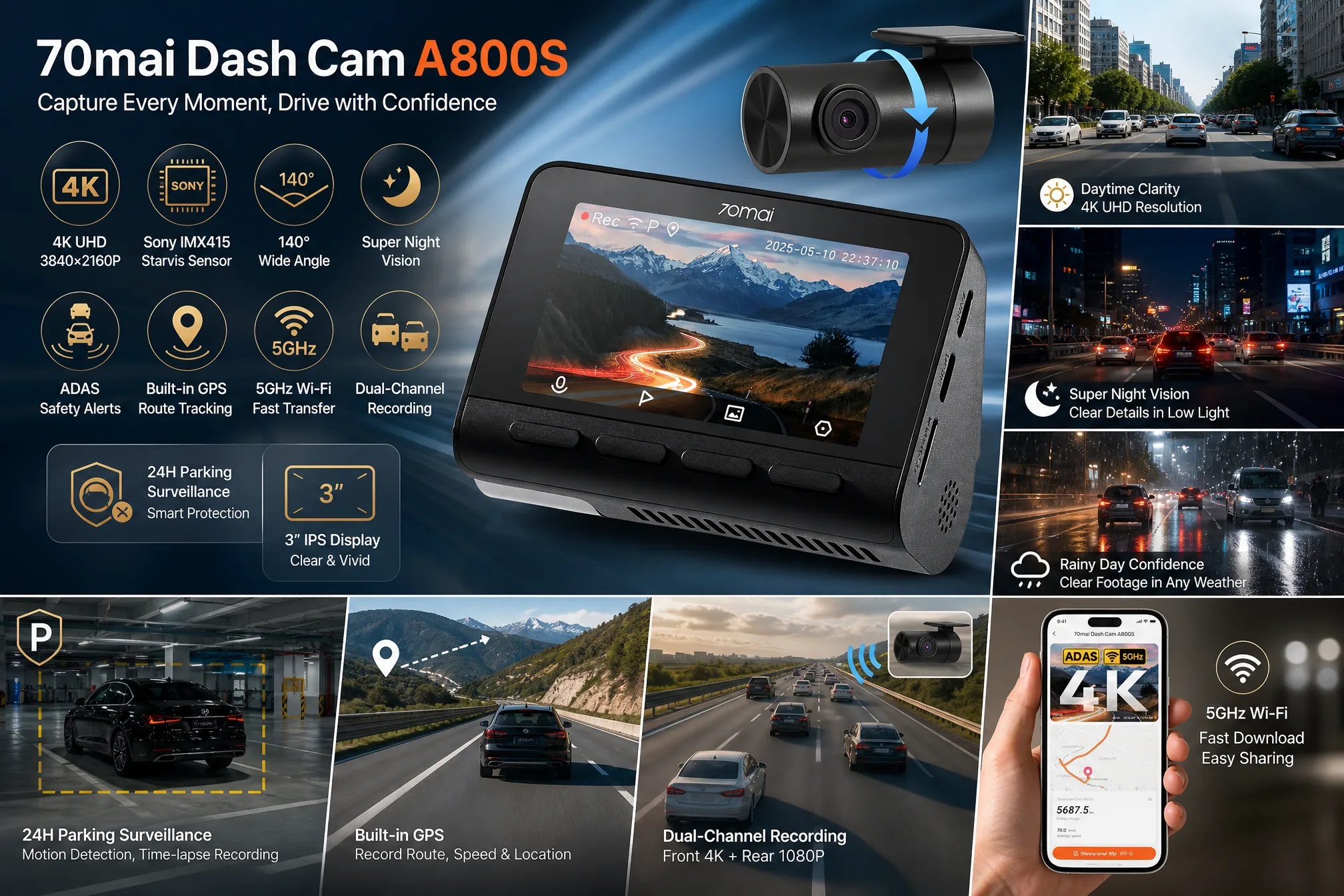 Advertisement for the 70mai Dash Cam A800S displaying its 3-inch IPS screen, 4K UHD resolution, Sony IMX415 sensor, built-in GPS, 5GHz Wi-Fi, and dual-channel recording capabilities.