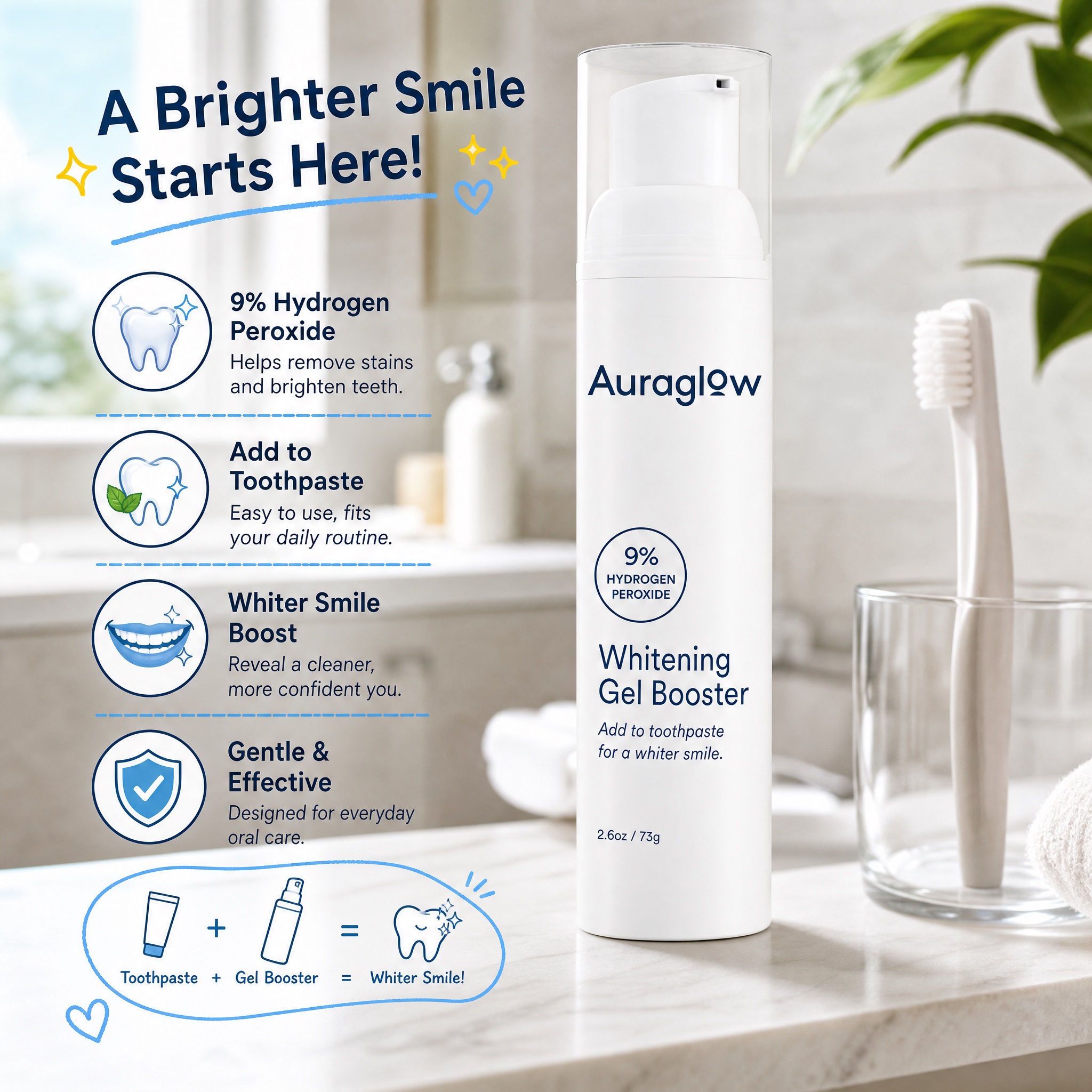 Auraglow 9% Hydrogen Peroxide Whitening Gel Booster bottle standing next to a toothbrush on a marble sink, demonstrating how to add it to regular toothpaste for a brighter smile.