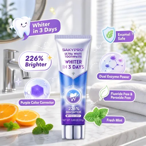 SAKYPRO Purple Color Corrector Toothpaste tube displayed on a marble counter with fresh mint leaves and sliced oranges, emphasizing 226% brighter results, enamel safety, dual enzyme power, and fluoride-free/peroxide-free formulation.