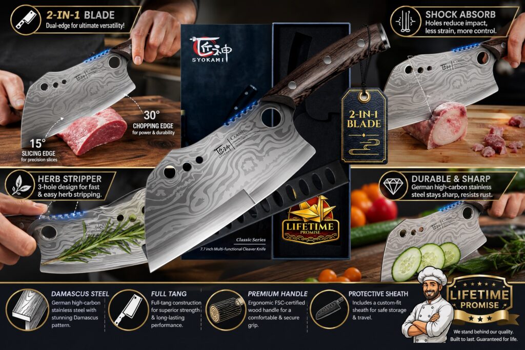 SYOKAMI 7.7-inch multi-functional cleaver knife with a 2-in-1 blade, dual slicing and chopping edges, built-in herb stripper, and protective sheath.