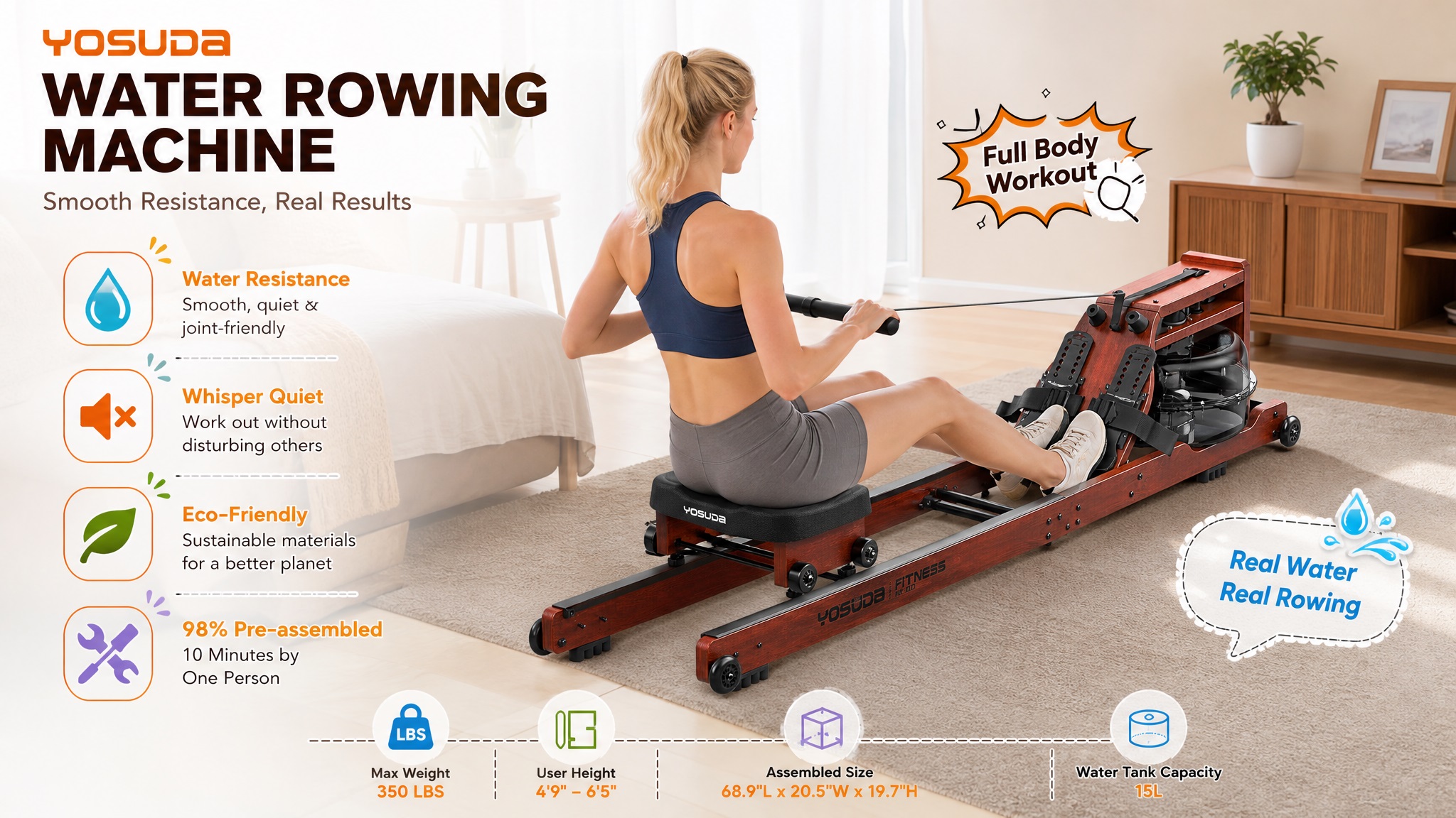 Promotional graphic for the YOSUDA Wooden Water Rowing Machine featuring a blonde woman exercising in a bedroom, highlighting eco-friendly sustainable wood, 350 lbs max weight capacity, and easy 10-minute pre-assembled setup.