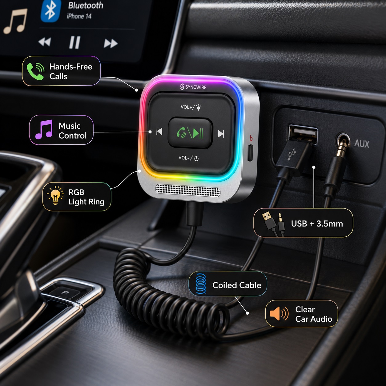 Syncwire Bluetooth 5.4 AUX car adapter plugged into a vehicle dashboard console. The square device features a glowing RGB colorful light ring and buttons for hands-free calling and music control, connected via a coiled black cable to USB and 3.5mm ports.