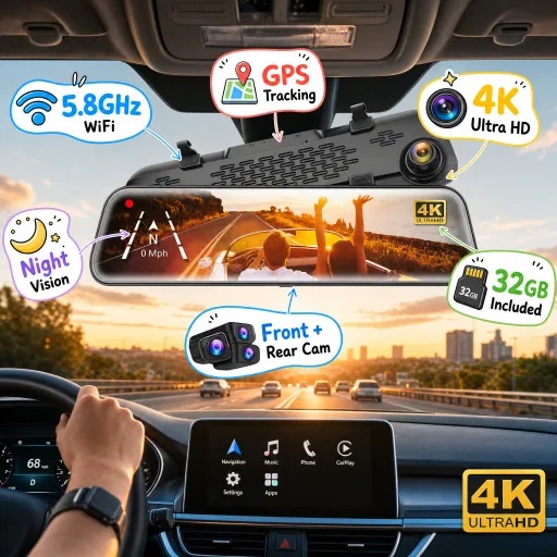 Promotional image for the WOLFBOX 12" 4K Mirror Dash Cam, installed inside a car cabin.